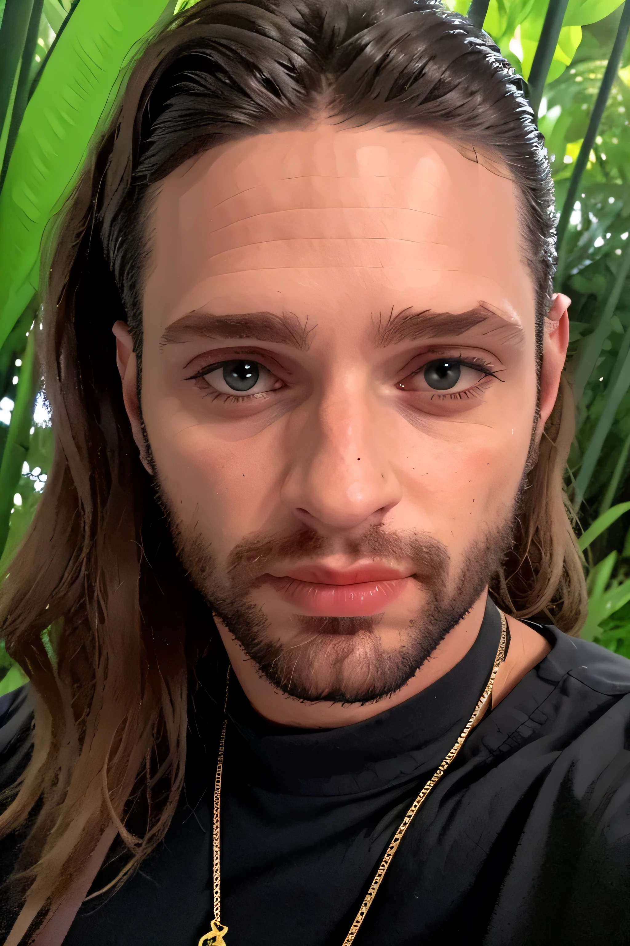 Um homem em um terno preto deslumbrante, in a jungle paradise, olhando para longe, dia perfeito, ((close up)), barbeado limpo, cru, 8k UHD , LOIRO , OLHOS VERDES, OLHAR PENETRANTE , REALISTA
