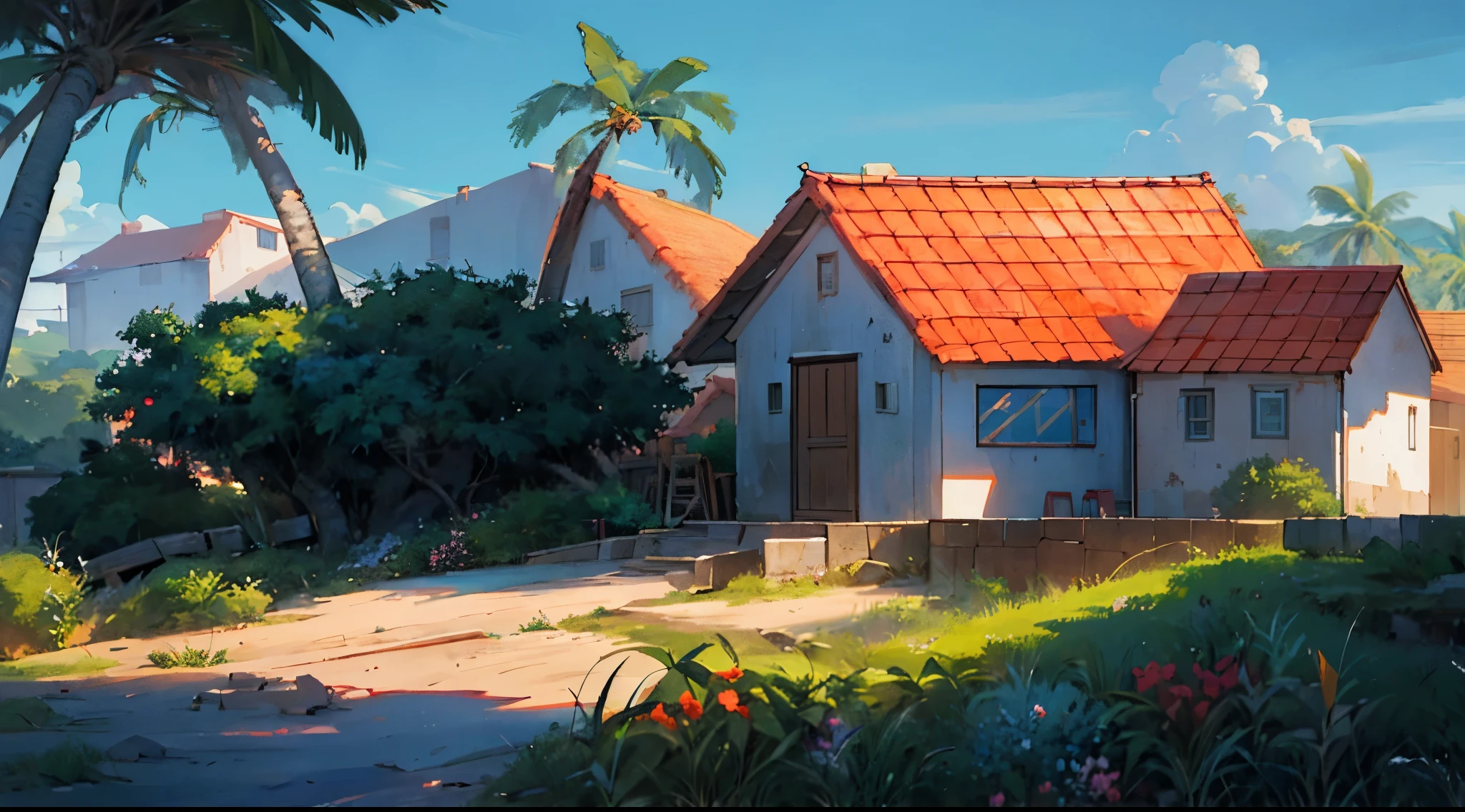 painting of a small house on a beach with a palm tree, anime background art, anime countryside landscape, house background, painted in anime painter studio, background art, anime scenery concept art, made with anime painter studio, anime background, background artwork, anime scenery, random background scene, anime landscape, studio ghibli environment, beautiful anime scenery, distant village background