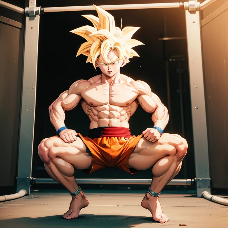 (Eine detaillierte Zeichnung von Son Goku, bodybuilding gym.), shirtless, barefoot, mma, boxing