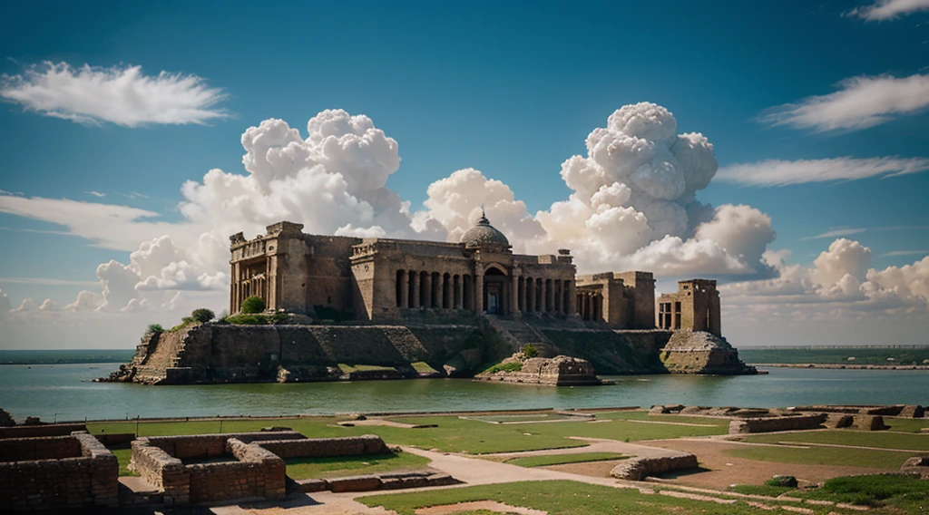 A portrait of an ancient city floating in the sky amidst fluffy clouds.