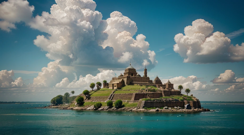 A portrait of an ancient city floating in the sky amidst fluffy clouds.