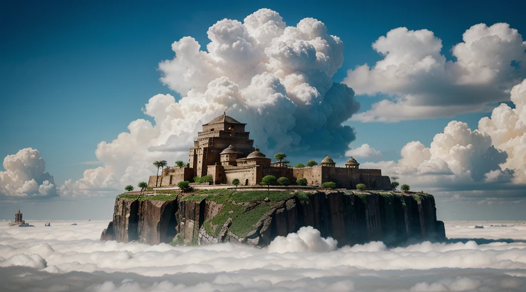 A portrait of an ancient city floating in the sky amidst fluffy clouds.