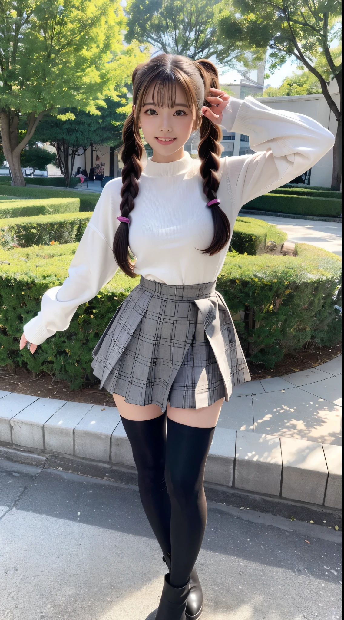 (High quality, High resolution, Ultra-detailed, Realistic:1.37), (Full Body Pose)、(Photographing one girl in its entirety)、peaceful ambiance, (plein air, a park)、 ((large twin tails、Scrunchie))、18 year old high school girl standing alone、small tits, Beautiful detailed features, Cute smile, (A dark-haired), (urban casual outfit), (Plaid mini skirt), (Black tights)、(tight round boots)、Stretching one leg、(Y-shaped leg)