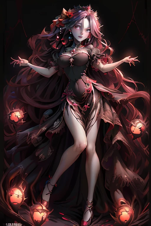 masterpiece,best quality,ultra-detailed,photorealistic,realistic,photography,1girl,solo,crown,earrings,pearls and jewels,full body,long fingernails,black dress,SPIDER LEGS,horror theme,fear,sinophobia,night,moon,masterpiece, best quality,    1girl, glowingveins, red theme, glowing veins  bldelf, glowing eyes, colored sclera, forest, red sky, furrowed brow, from below, looking at viewer