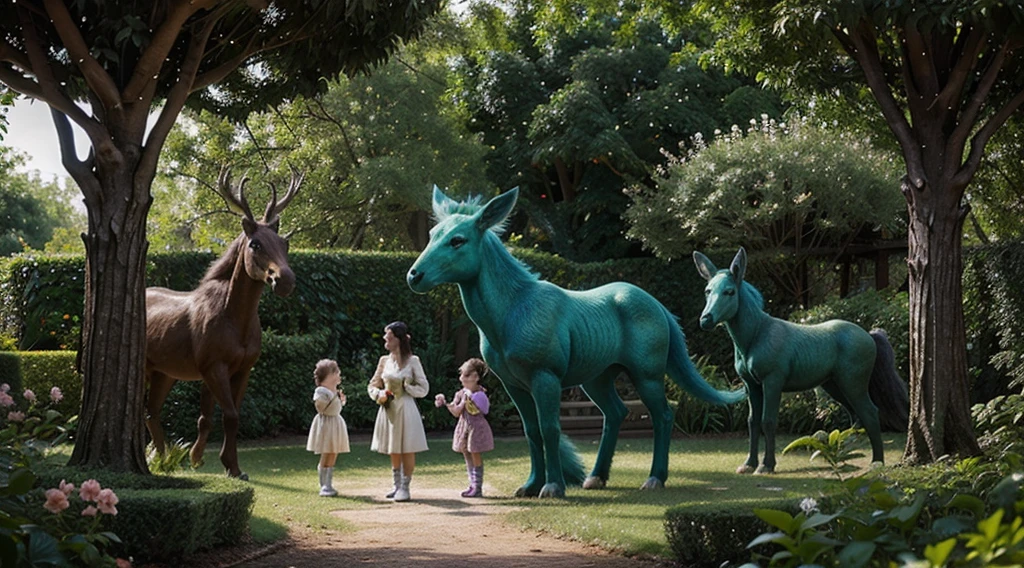 A group of fantastical animals coexisting in an enchanted garden.