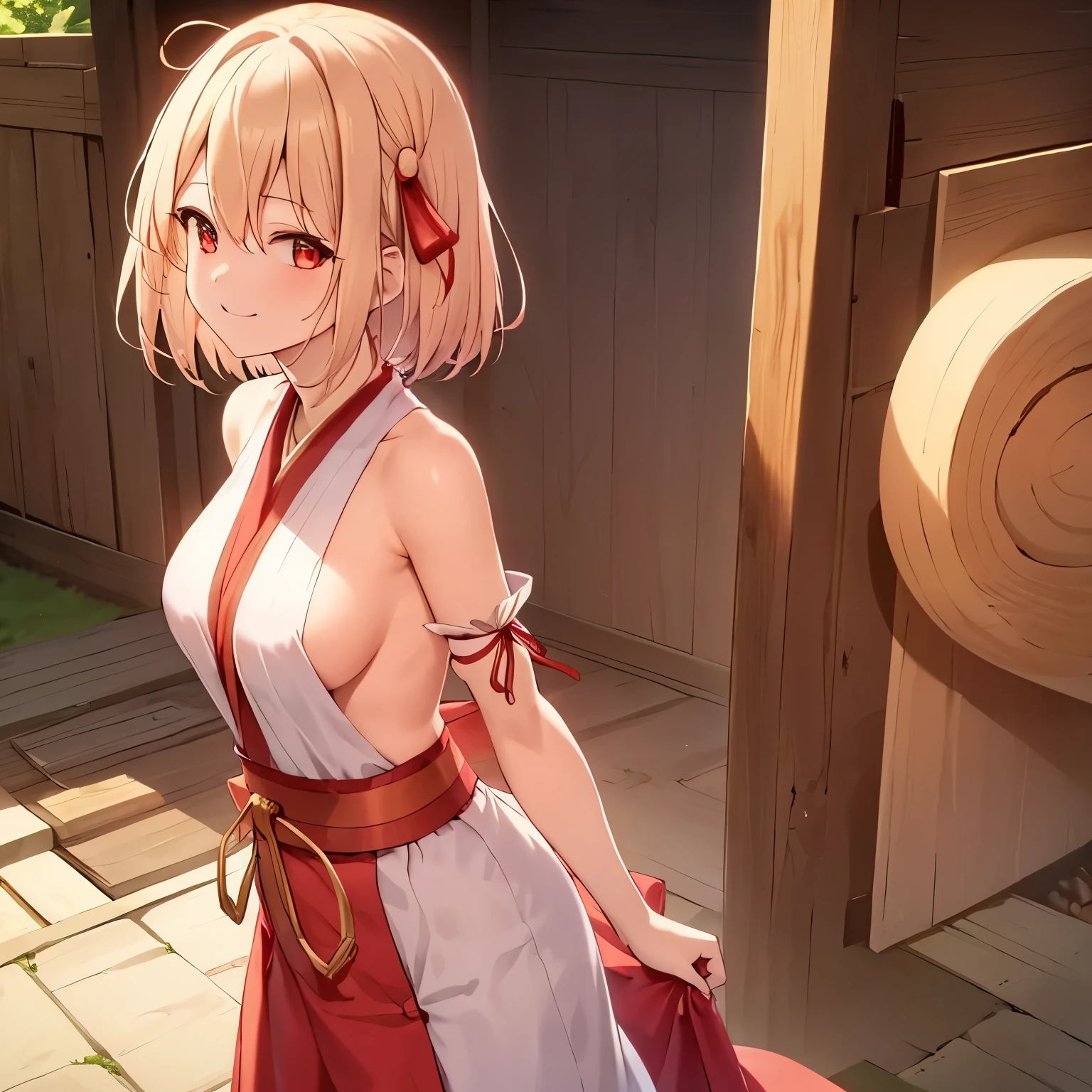 Top image quality Only 1 person 1 girl in shrine maiden clothe a smile Beautiful back Transverse breasts The whole picture suns Blonde Short Bob Red ribbons Senzoku Nishikiki