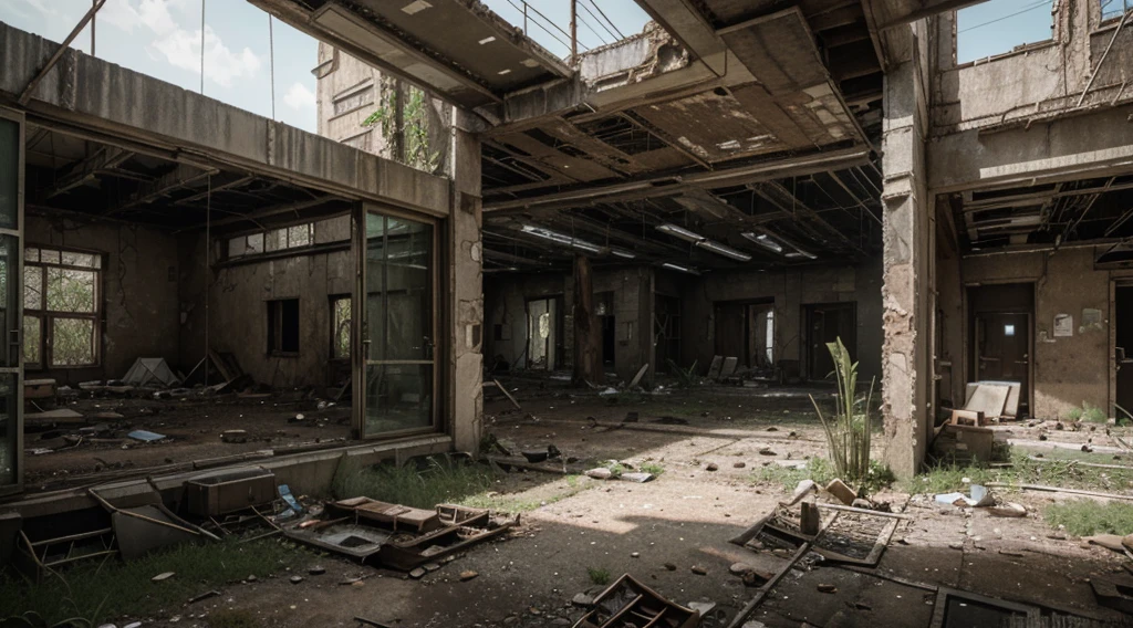 A post-apocalyptic setting with nature reclaiming abandoned buildings.