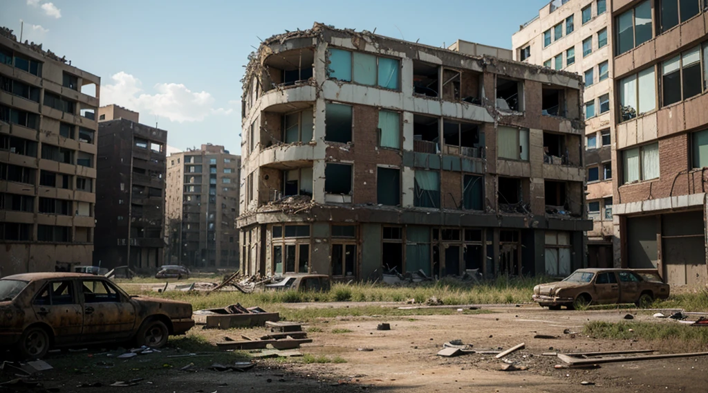 A post-apocalyptic setting with nature reclaiming abandoned buildings.