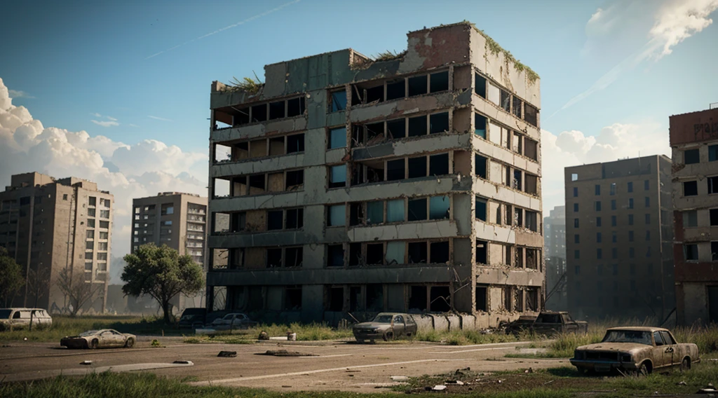 A post-apocalyptic setting with nature reclaiming abandoned buildings.