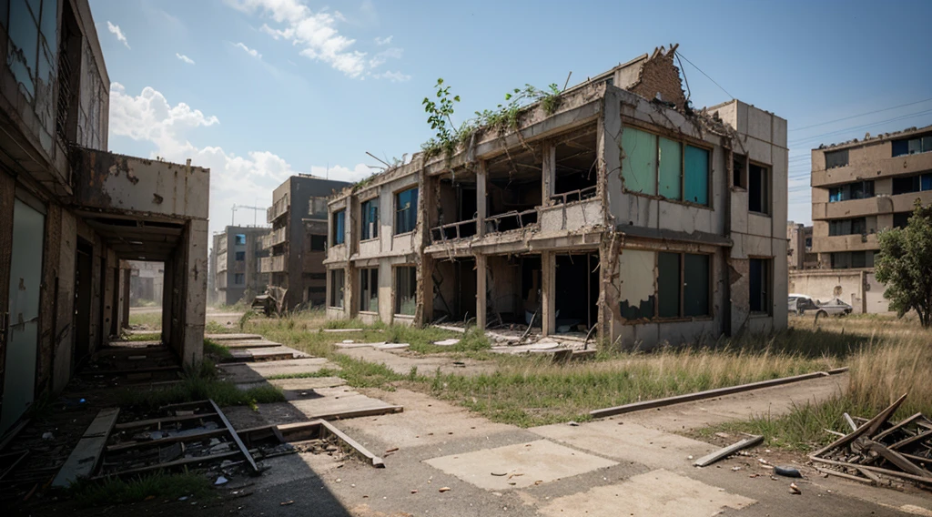 A post-apocalyptic setting with nature reclaiming abandoned buildings.