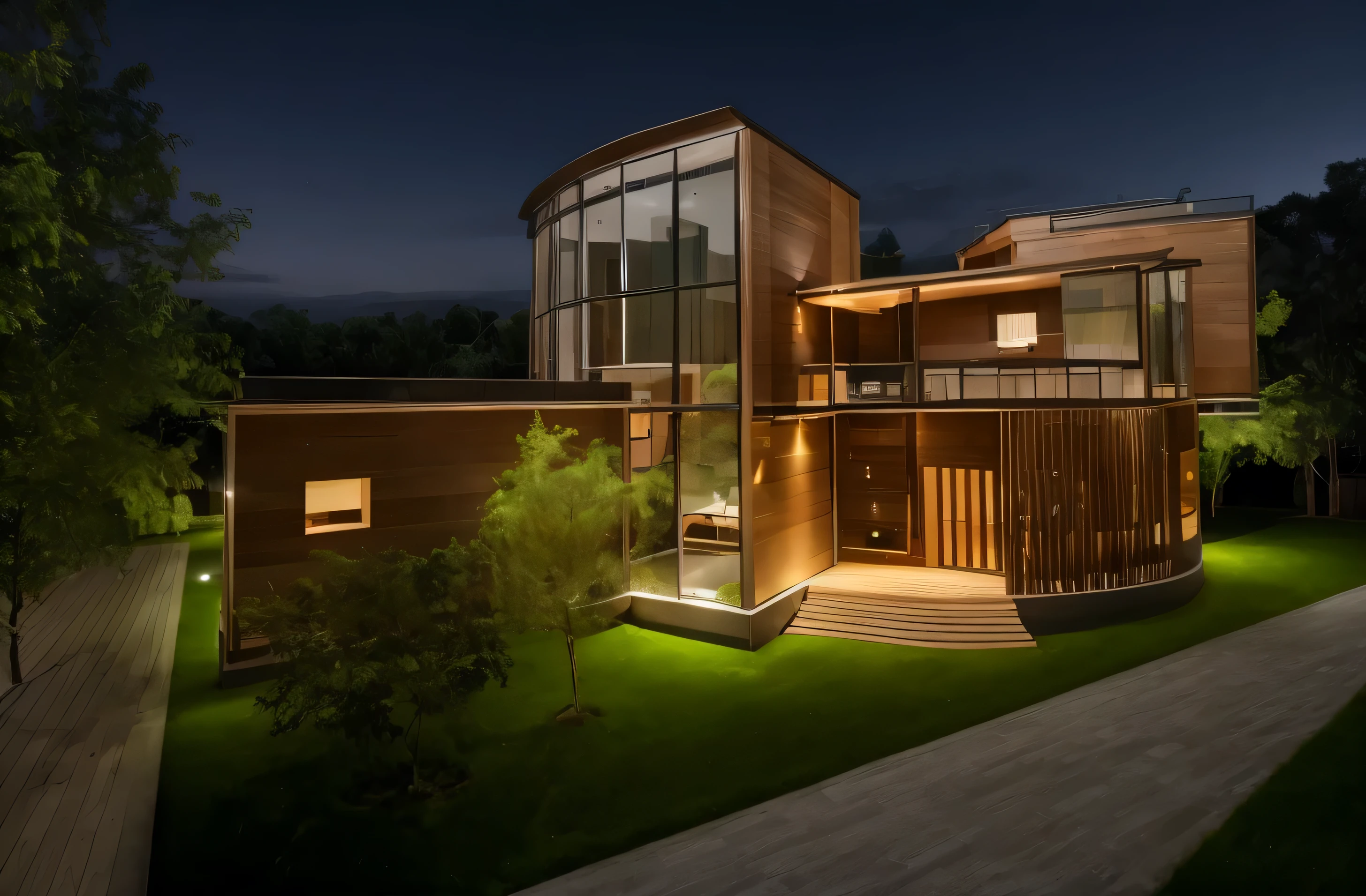 villa modern , luxury, natural, beautiful night, grass, glass, wood, brick