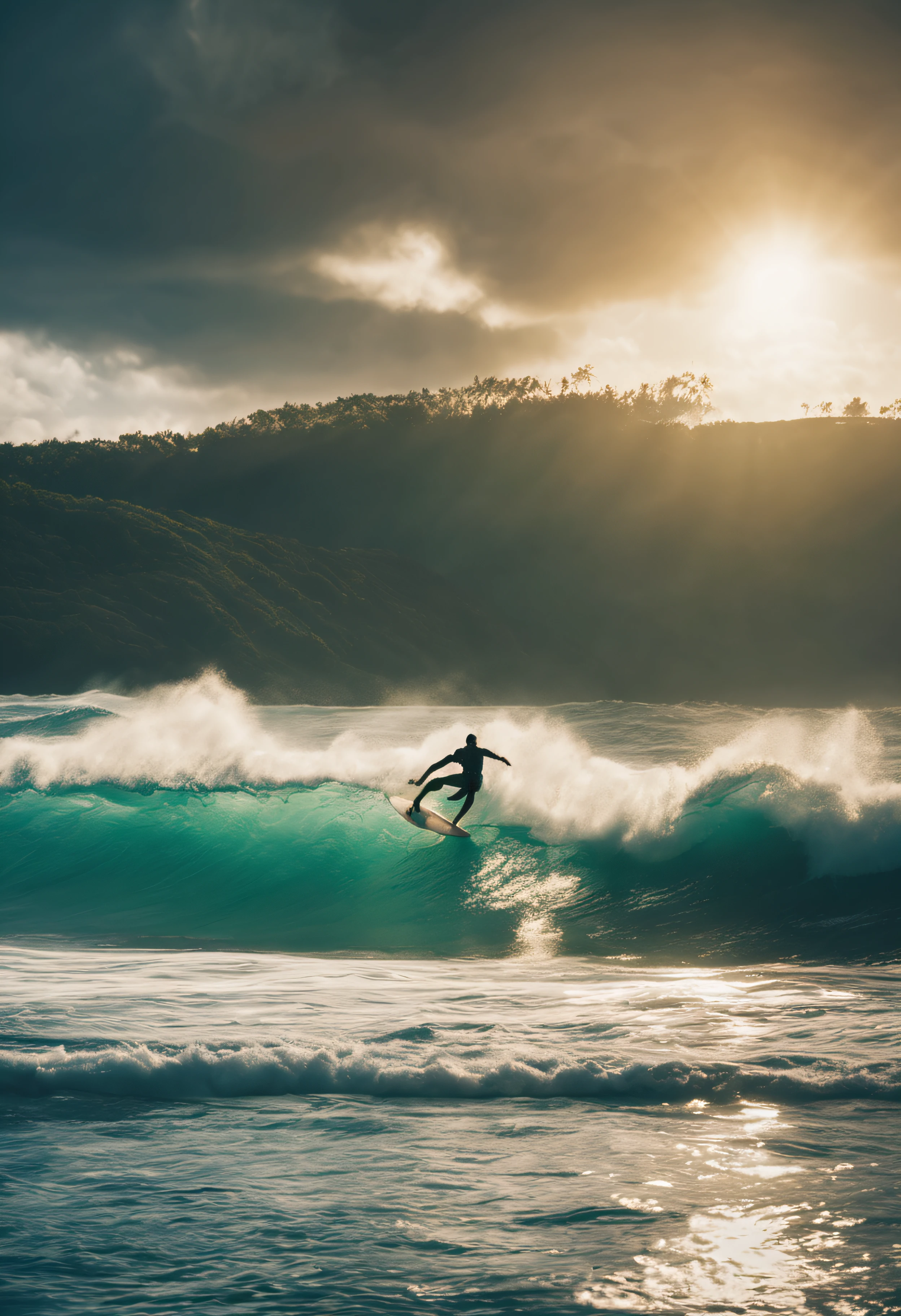 A hawaiian scene with a surfer riding a turquoise wave in cinematic lighting, sun through the water