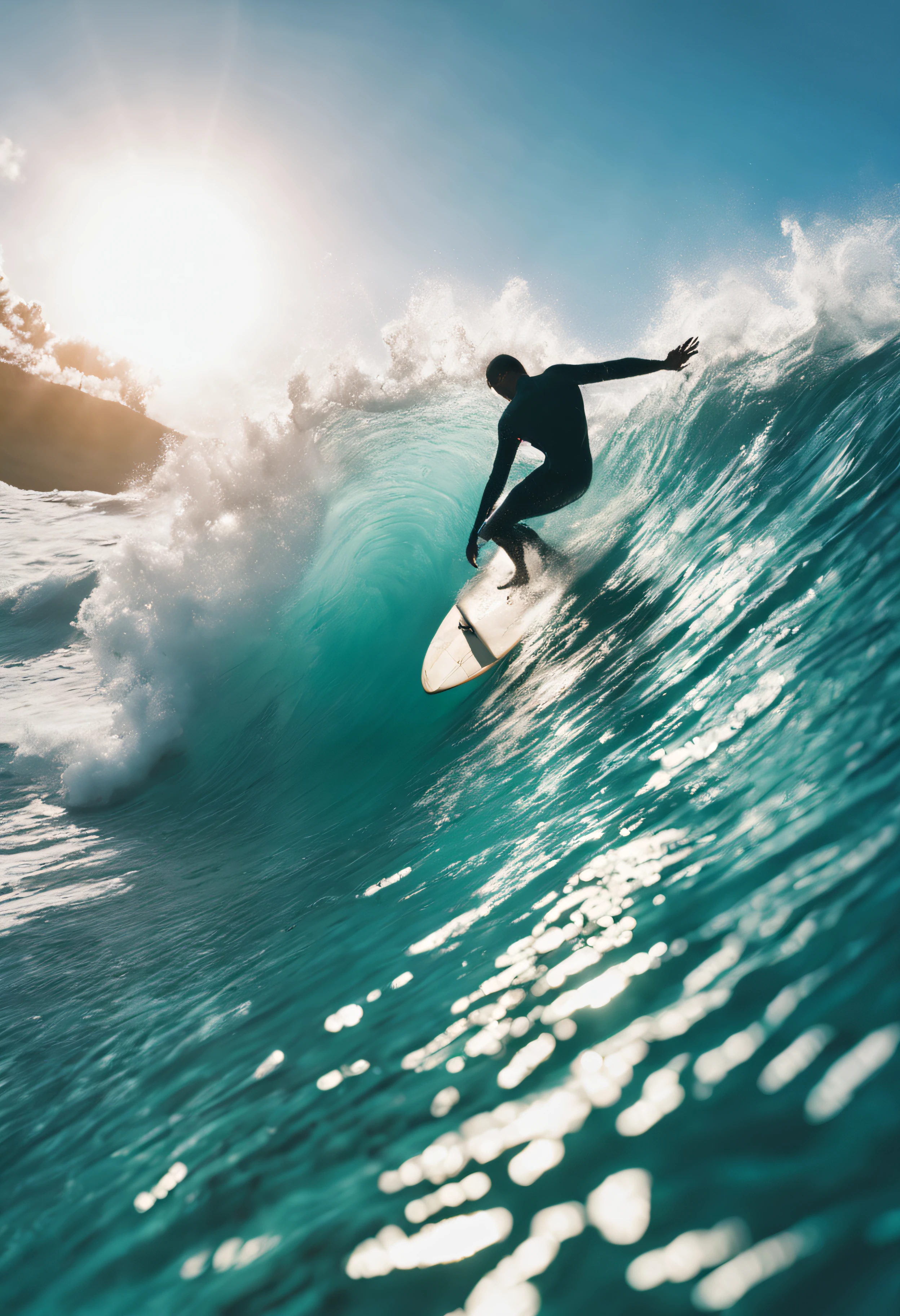 A hawaiian scene with a surfer riding a turquoise wave in cinematic lighting, sun through the water