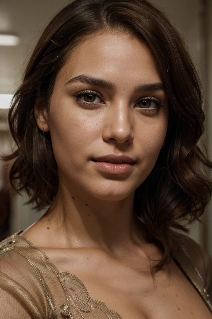 Breathtaking cinematic photo of a 30 year old girl with brown hair and brown eyes,Indian origin, happy, cheerful expression, closed mouth, beautiful lips, intricate details, shallow depth of field, highly detailed, high budget, epic Hollywood film, gorgeous, masterpiece, award-winning, professional, highly detailed, detailed skin texture, (blush: 0.5), (goosebumps: 0.5). (the most beautiful woman in the world) (brown hair) (short curly hair, wild hair, stylish cut) thin face, thin nose, beautiful, very beautiful, perfect face, slender body (slender), (brown hair) (brown eyes ) (white skin) Beautiful body, western face, predatory eyes, pink lips, thick thighs. full body, western beauty, thin nose, beautiful, perfect, ((best quality)), ((ultra resolution)), ((photorealistic: 1.4)), (intricate details), perfect face, makeup: 1.5 , clear face, facial details. front view ((uniform, tactical costume, agent costume, spy))