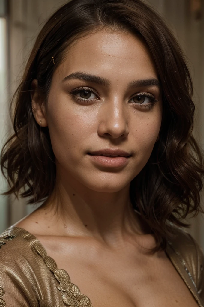 Breathtaking cinematic photo of a 30 year old girl with brown hair and brown eyes,Indian origin, happy, cheerful expression, closed mouth, beautiful lips, intricate details, shallow depth of field, highly detailed, high budget, epic Hollywood film, gorgeous, masterpiece, award-winning, professional, highly detailed, detailed skin texture, (blush: 0.5), (goosebumps: 0.5). (the most beautiful woman in the world) (brown hair) (short curly hair, wild hair, stylish cut) thin face, thin nose, beautiful, very beautiful, perfect face, slender body (slender), (brown hair) (brown eyes ) (white skin) Beautiful body, western face, predatory eyes, pink lips, thick thighs. full body, western beauty, thin nose, beautiful, perfect, ((best quality)), ((ultra resolution)), ((photorealistic: 1.4)), (intricate details), perfect face, makeup: 1.5 , clear face, facial details. front view ((uniform, tactical costume, agent costume, spy))