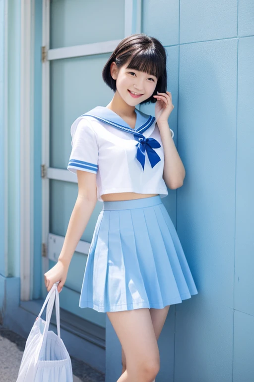 real 18 year old woman、a smile、Light blue sailor suit、Light blue skirt、Cute underwear in white、tucking up the skirt、Short black hair、soio、hight resolution、top-quality