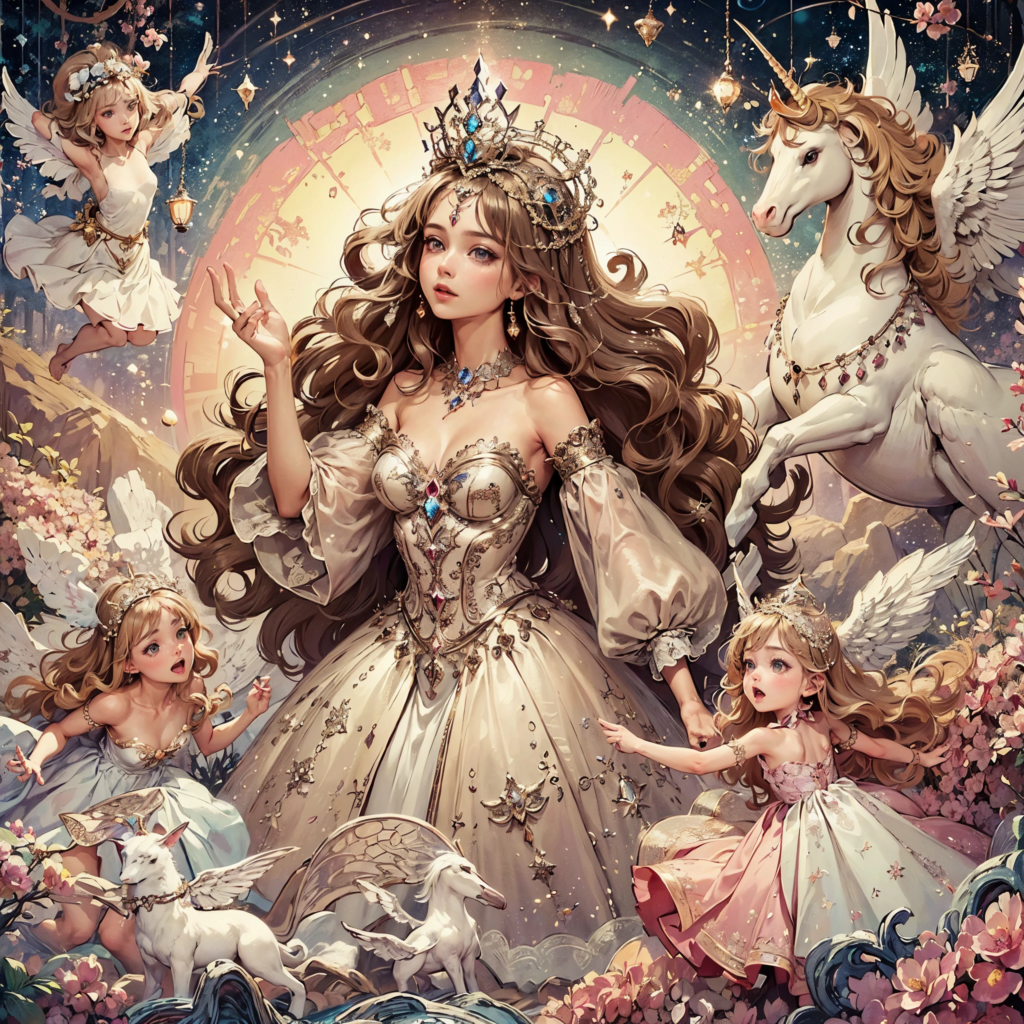 a painting of a woman in a dress surrounded by angels, ethereal fantasy, goddess of love and peace, beautiful fantasy art, celestial goddess, unicorn, a beautiful fantasy empress, ethereal fairytale, goddess. extremely high detail, ((a beautiful fantasy empresairytale artwork, very beautiful fantasy art, queen of heaven, beautiful detailed fantasy, fantasy art style, portrait of queen of dreams, masterpiece, lens glare, sharp eyes, masterpiece, best quality:1.2),,(8k,highres,RAW photo,realistic,photo-realistic:1.3),(detailed skin texture,detailed cloth texture,beautiful detailed face:1.25),professional lighting,photon mapping,beautiful soft light,radiosity,physically-based rendering,raytracing, model shoot style, model shoot style, (extremely detailed CG unity 8k wallpaper), full shot body photo of the most beautiful artwork in the world,