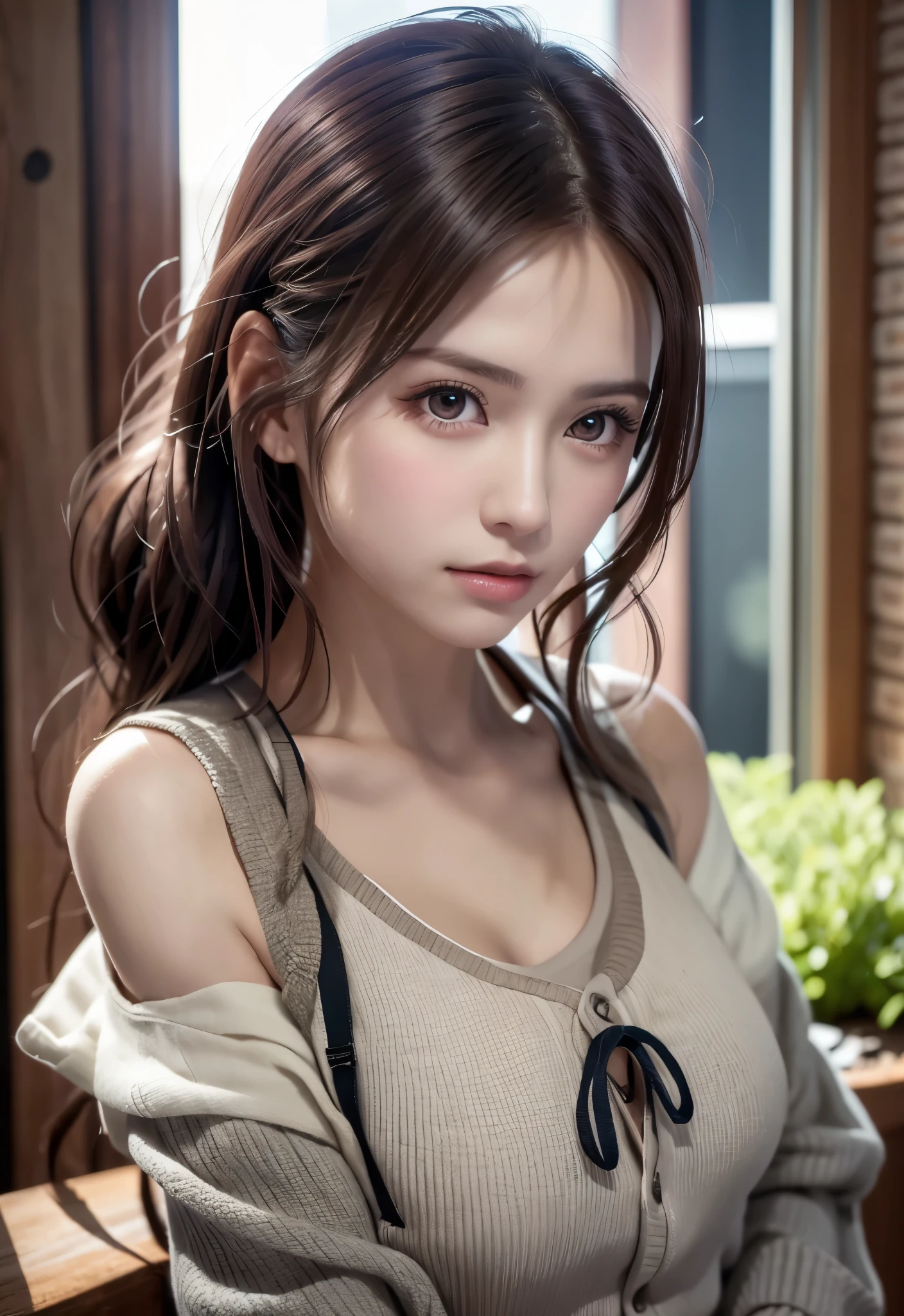 8K, of the highest quality, masutepiece:1.2), (Realistic, Photorealsitic:1.37), of the highest quality, masutepiece, Beautiful young woman, Pensive expression,、A charming、and an inviting look, Oversized knitwear、cleavage of the breast, Hair tied back, Cinematic background, Light skin tone