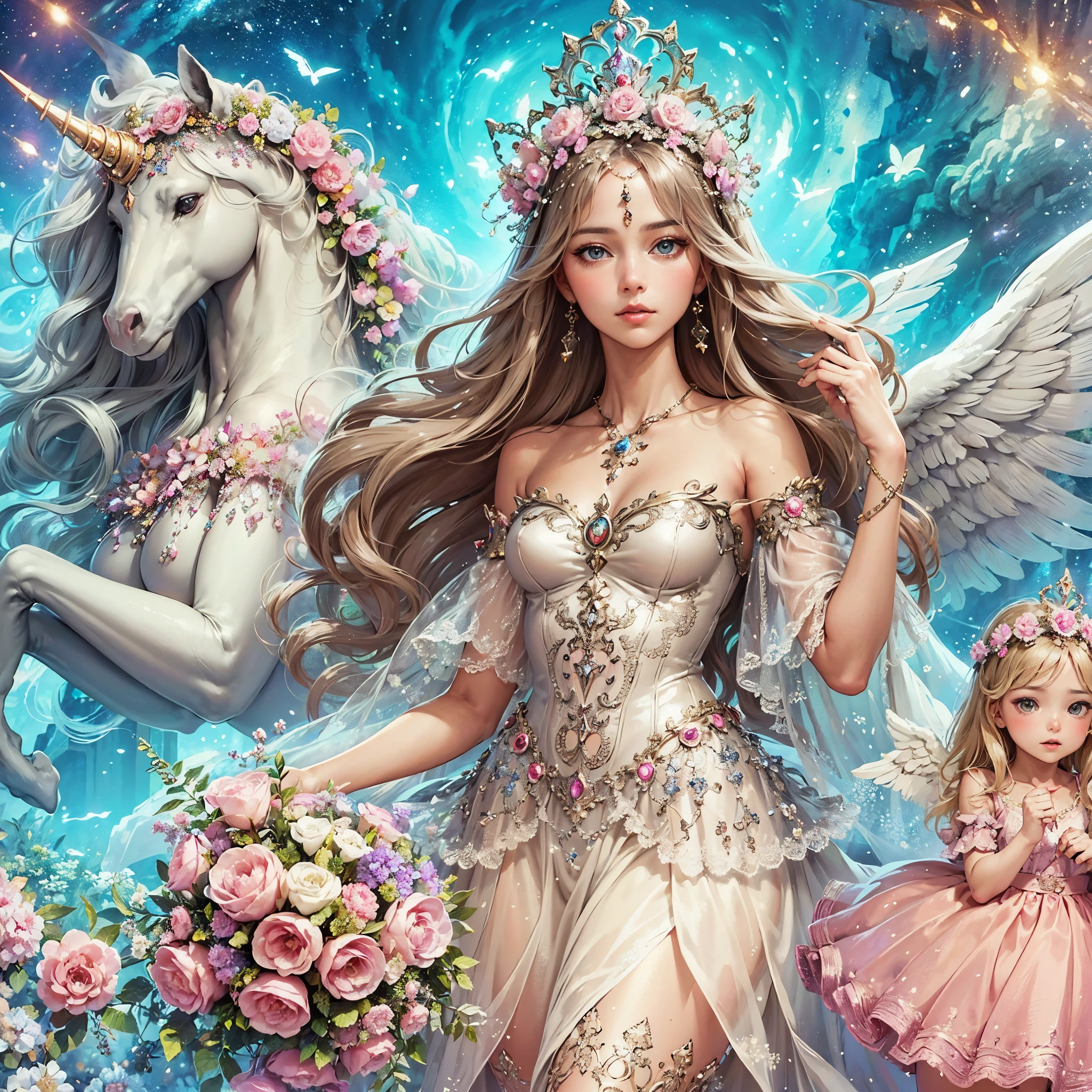 a painting of a woman in a dress surrounded by angels, ethereal fantasy, goddess of love and peace, beautiful fantasy art, celestial goddess, unicorn, a beautiful fantasy empress, ethereal fairytale, goddess. extremely high detail, ((a beautiful fantasy empresairytale artwork, very beautiful fantasy art, queen of heaven, beautiful detailed fantasy, fantasy art style, portrait of queen of dreams, masterpiece, lens glare, sharp eyes, masterpiece, best quality:1.2),,(8k,highres,RAW photo,realistic,photo-realistic:1.3),(detailed skin texture,detailed cloth texture,beautiful detailed face:1.25),professional lighting,photon mapping,beautiful soft light,radiosity,physically-based rendering,raytracing, model shoot style, model shoot style, (extremely detailed CG unity 8k wallpaper), full shot body photo of the most beautiful artwork in the world,