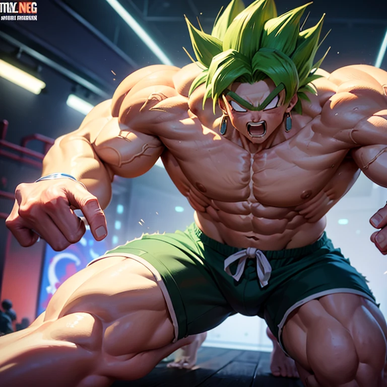 (Eine detaillierte Zeichnung von Son Goku, bodybuilding gym.), shirtless, barefoot, mma, boxing