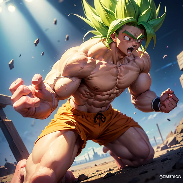 (Eine detaillierte Zeichnung von Son Goku, bodybuilding gym.), shirtless, barefoot, mma, boxing