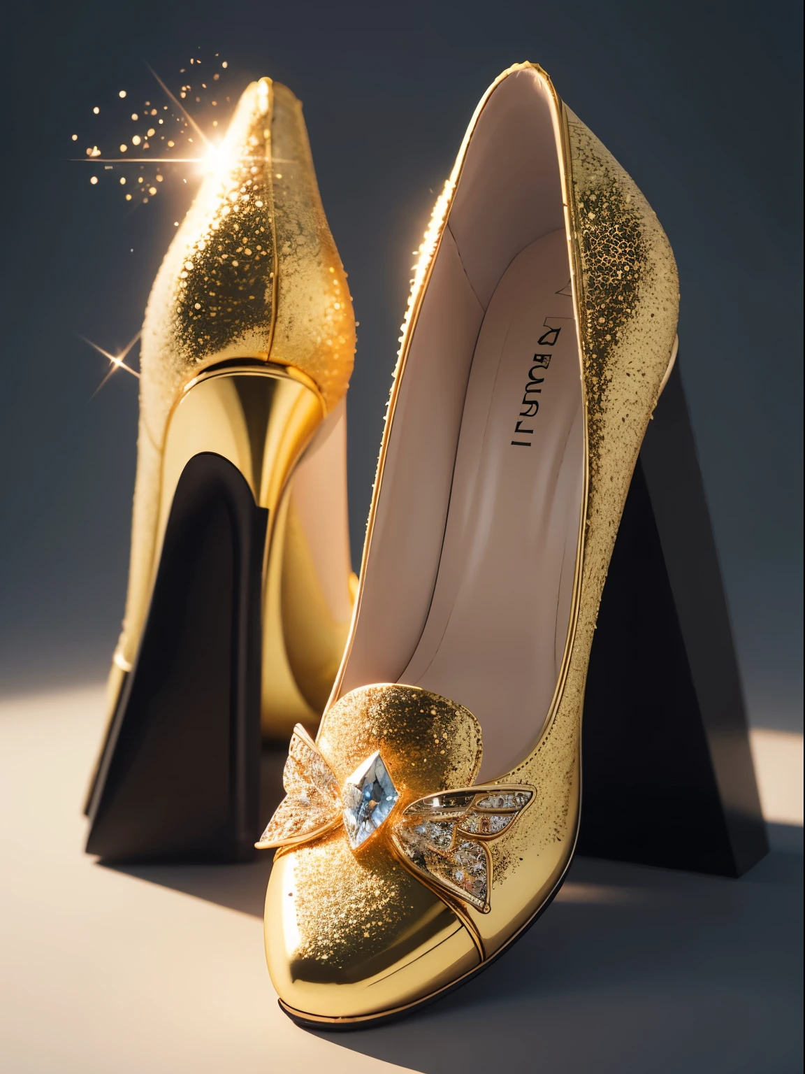 A pair of crystal Shoes emanated(((Red-gold particle effects:1.3))),Complicated details,diamond,Sparkling, fanciful, Noble and elegant,streamline,Layered,(((Do not distort and deform:1.3))), Gorgeous and colorful, butterflylorals,Amazing photography, dramatic lighting, photo-realism, super-fine,Ultra photo realsisim,8k, depth of fields, A high resolution,The toe of the shoe faces the camera,(The overall silhouette is centered:1.3),3D,C4D,octaneratingrendering,super high image quality, Product shot