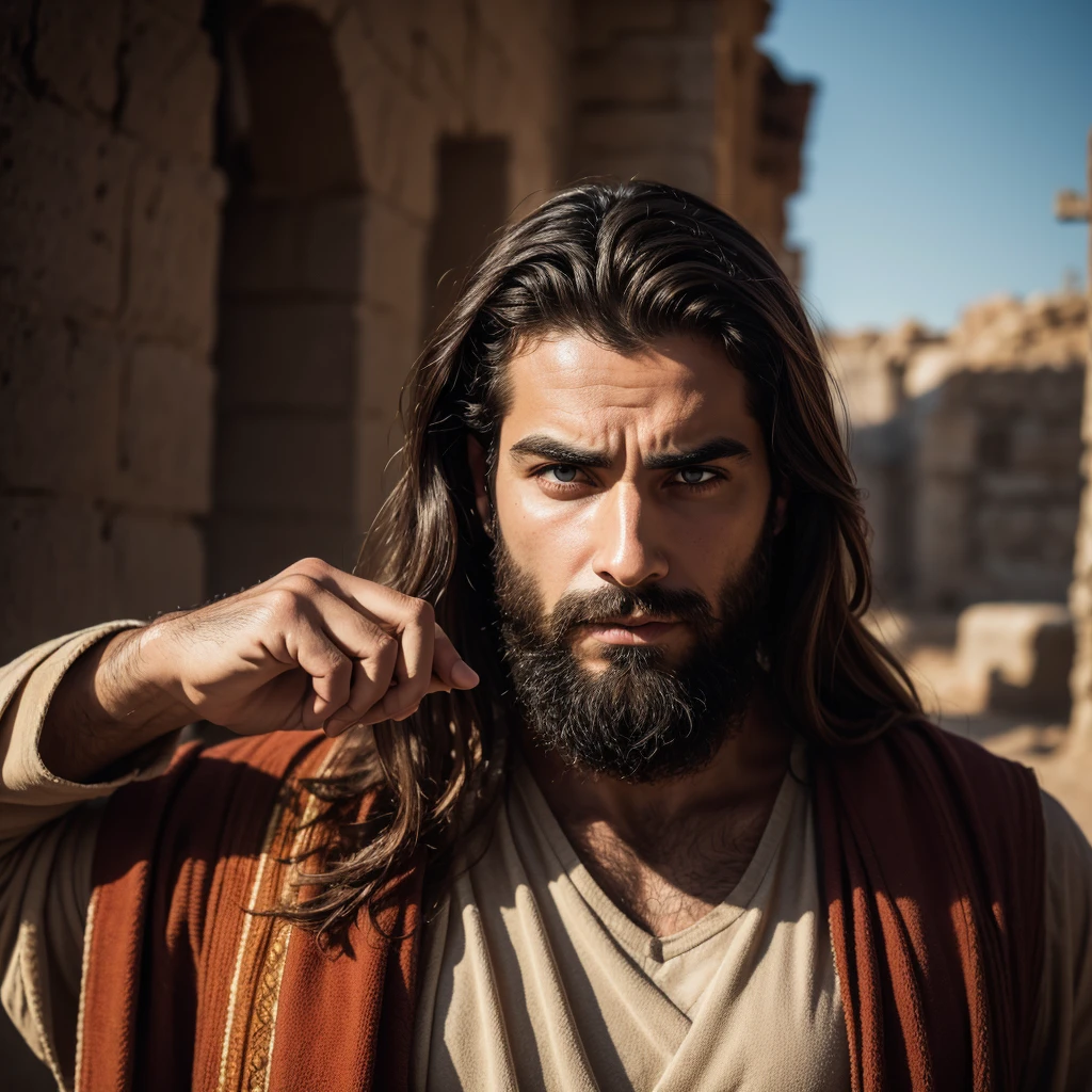 a man with a beard and face, Jesus Christ fighting against Lucifer, sad and pointing at the wars in the world, he is shouting, Jesus of Nazareth, the lord and savior