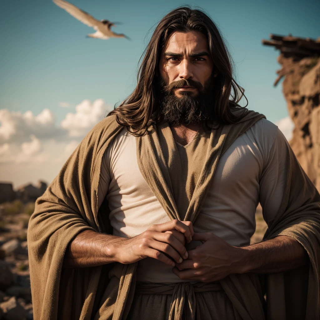 a man with a beard and face, Jesus Christ fighting against Lucifer, sad and pointing at the wars in the world, he is shouting, Jesus of Nazareth, the lord and savior