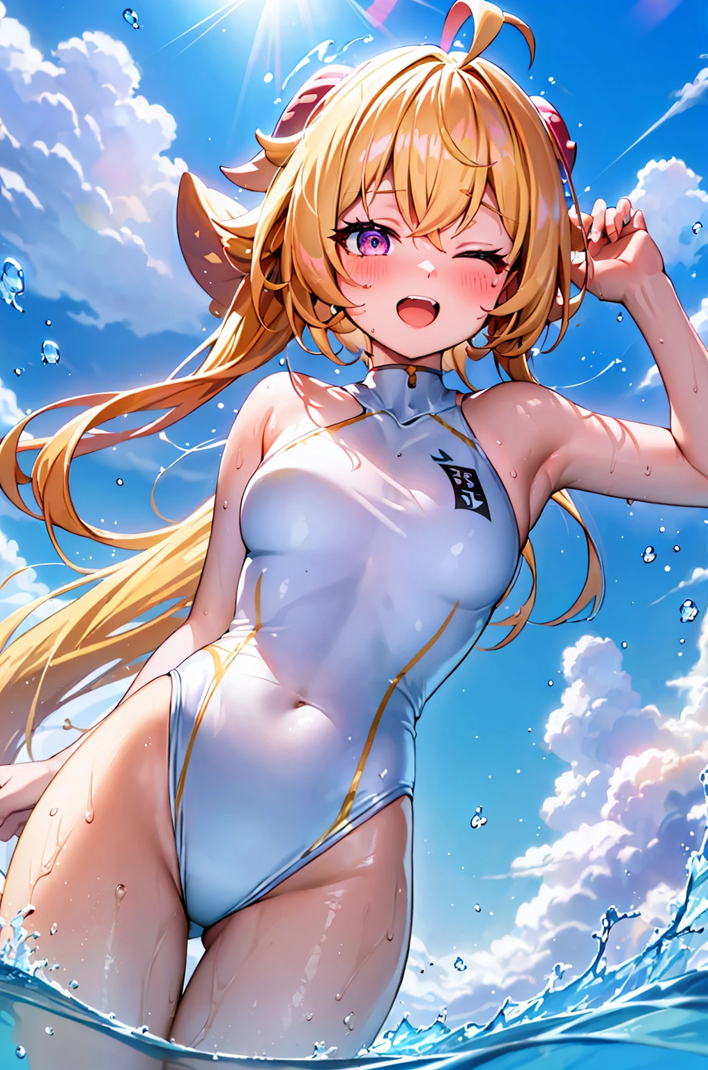 Best quality, tmasterpiece, Incredibly beautiful, very elaborate 8K wallpaper, otherworldly beautiful girl, , (White skin of the), (blonde hair pink gradient hair), Side pony, intermittently, Open your mouth and laugh, Long eyelashes, cosmetics, One eye open, (zoomout, bigger, BigREAK, 夏天, Beachy, (比基尼), Reflection in the water, (Floating water drops blur foreground), (blue-sky), lens flare glow, (water splash), rays of sunshine,swimming uniform,