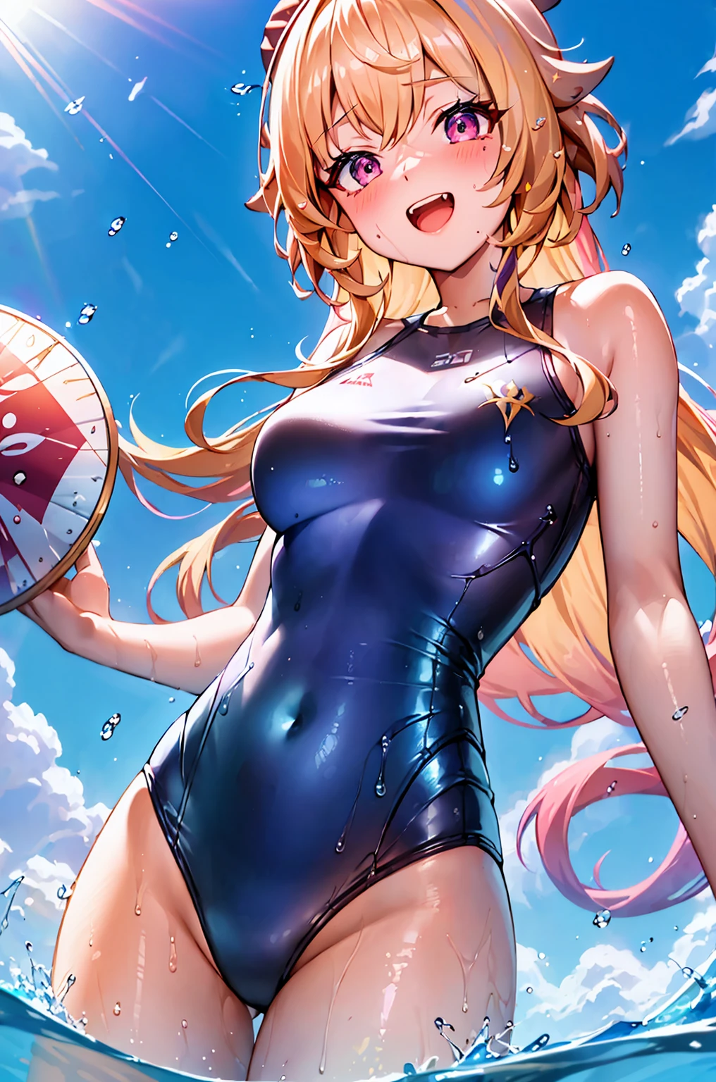 Best quality, tmasterpiece, Incredibly beautiful, very elaborate 8K wallpaper, otherworldly beautiful girl, , (White skin of the), (blonde hair pink gradient hair), Side pony, intermittently, Open your mouth and laugh, Long eyelashes, cosmetics, One eye open, (zoomout, bigger, BigREAK, 夏天, Beachy, (比基尼), Reflection in the water, (Floating water drops blur foreground), (blue-sky), lens flare glow, (water splash), rays of sunshine,swimming uniform,