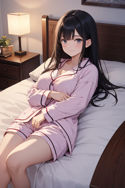 //Character
1girl, newlywed woman, slim and soft, medium large breast, ultra detailed face, super cute, innocent, pear-shaped face, thick eyeblow, sparkly pupils, translucent skin, smiling full of compassion, black hair, straight long hair , straight bang,
BREAK
//Fashion
Her outfit is sleepwear, fluffy pajamas, fluffy shorts, stunning tighs,
BREAK
//LOCATION
bed room , at home filled with warm air, (at night:1.6)
BREAK
// behavior
sleeping on her back, chillout time, looking at viewer grinning,