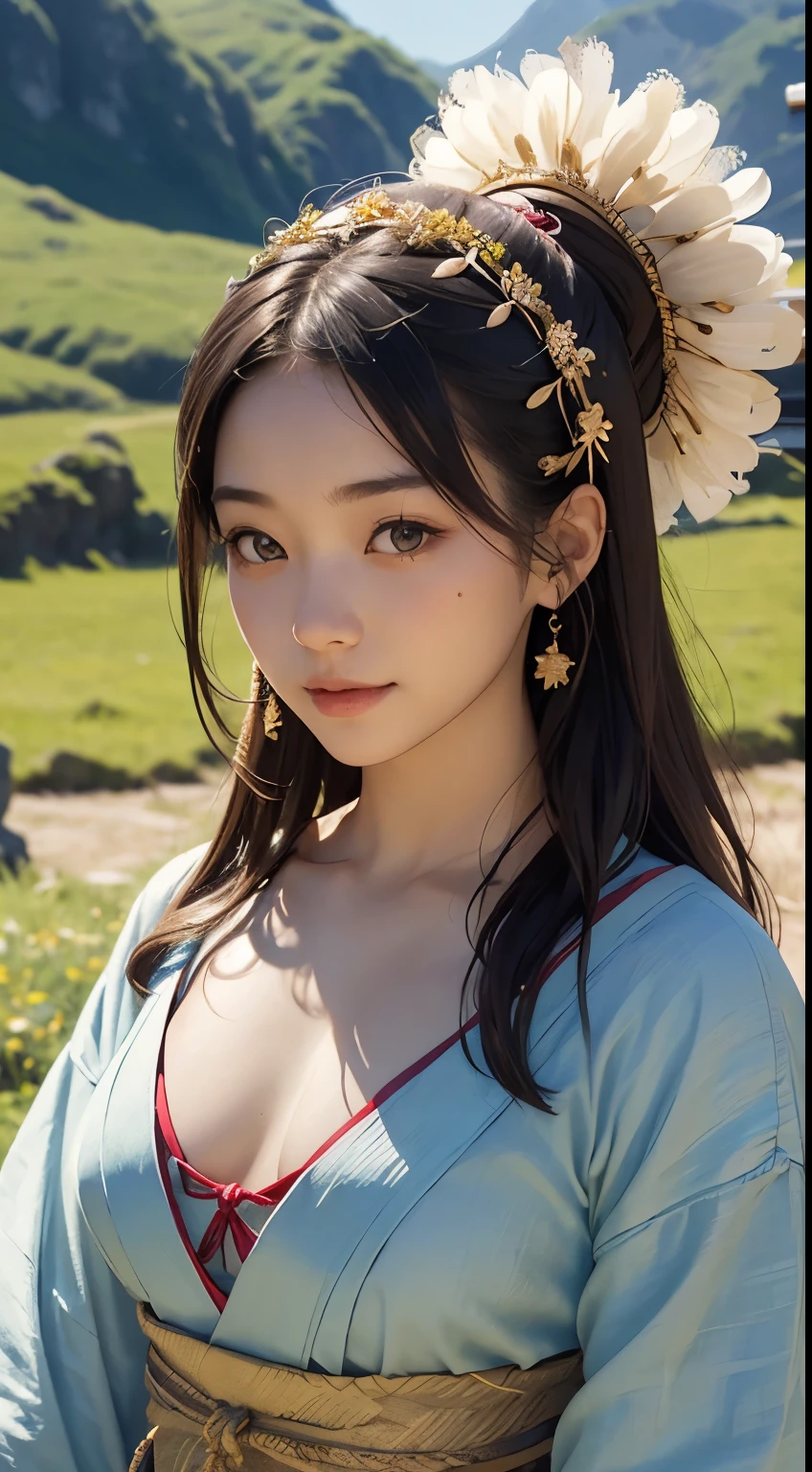 Hiding in the snowy mountains、Hair Flow、 ((Highest quality、masterpiece、8k、Best image quality、Ultra-high resolution、Award-winning works)、(Accurate anatomy:1.1)、(Look at me and smile:1.1)、Shining fair skin with Ultra-high resolution、The most detailed face、Ultra-high resolution detailed face、Ultra-high resolutionの髪の毛、(Ultra-high resolutionの煌めく瞳:1.1)、Beautiful face drawn in every detail、(Blurred Background:1.1)、Ancient Inuit clothing, Chest to chest, tattoo, Old ruins in the background、Apart from the real giant eagle