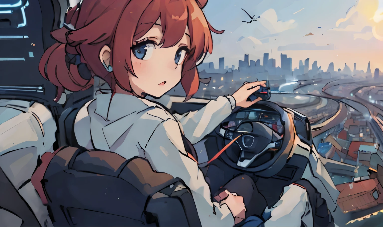 flying car、Girl driving。The city can be seen below、hightquality