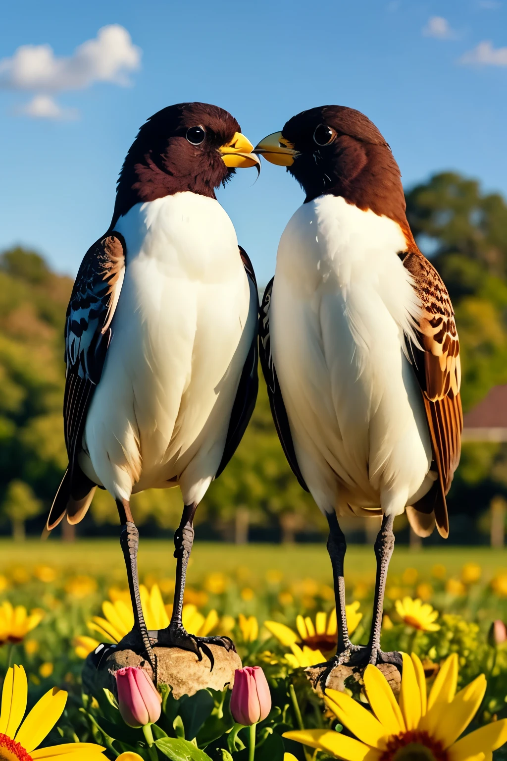 Beautiful birds standing on flowers