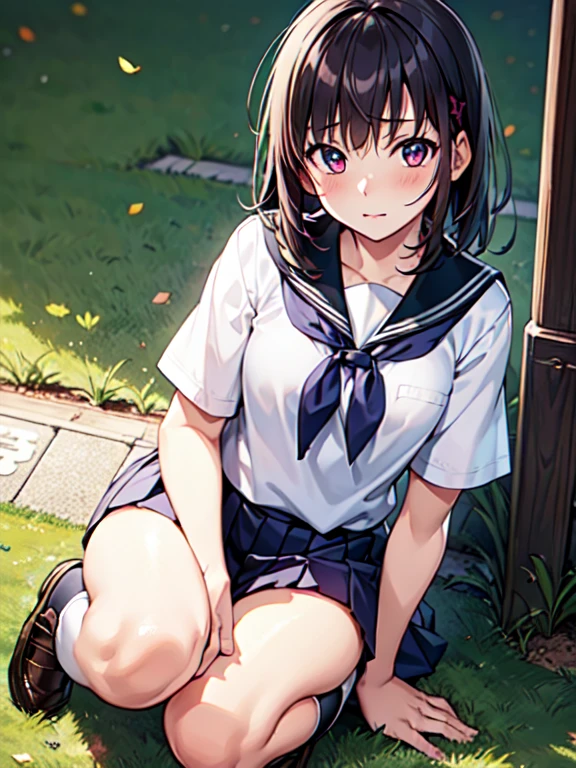 (Best Quality,hight resolution,masutepiece:1.2),Ultra-detailed,(Realistic,Photorealistic,Photorealsitic:1.37),Game CG,1girl in, a five years girl, Black hair, (half up:1.1), (small tits:1.3), (Japan School Uniforms:1.5), Eyes and faces with detailed, Blushing cheeks, cool expression, Soft lighting, Full-body angle, athletic field.