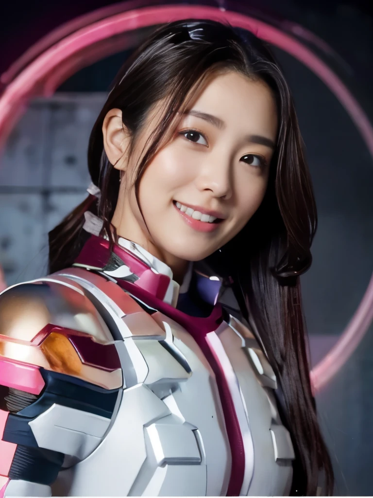 (ultra best quality、8K、masuter piece、delicate illustration、full bodyesbian、A beautiful and bewitching Japanese 25-year-old woman、)、(Futuristic close-fitting magenta and white metallic hero suit:1.2) 、(Very plump body 1.1、Super Big 1.2)、smiling at the viewer、A dark-haired