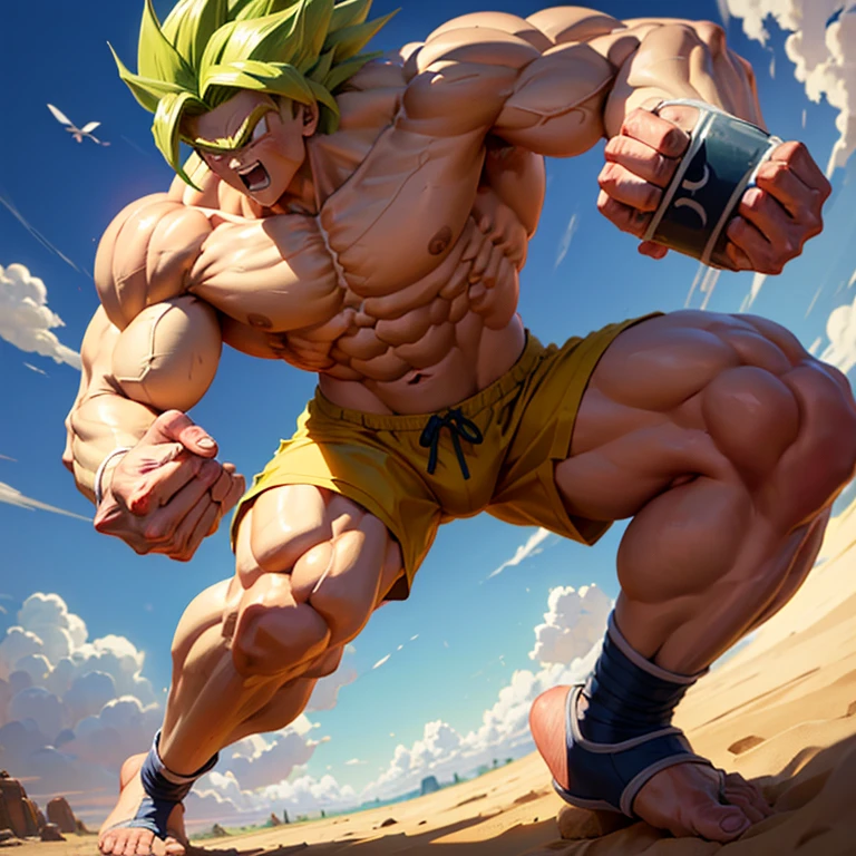 (Eine detaillierte Zeichnung von Son Goku, bodybuilding gym.), shirtless, barefoot, mma, kickboxing