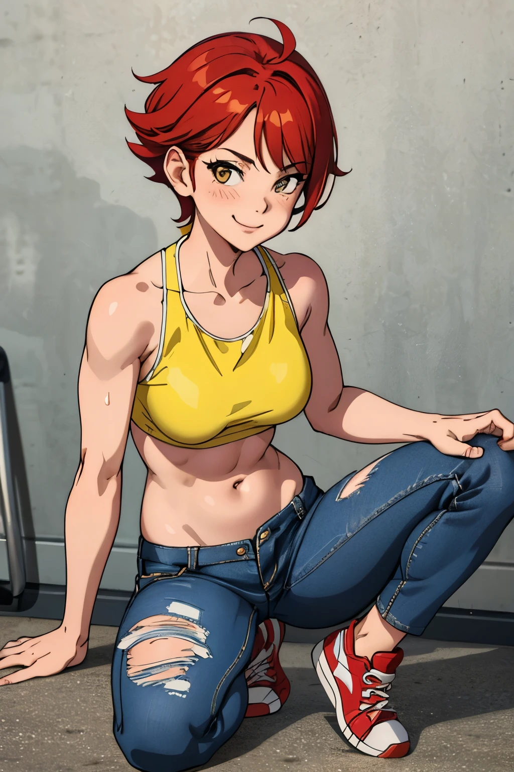 Cute girl, ripped bikini jeans, short yellow shirt that does not cover the stomach, belly showing, red sneakers, short hair, beautiful body, medium-sized sexy breasts, bikini, crouching on the ground like a dog, lifted by the buttocks, sexy body, sexy face reddish, Shy face, excited smile, watering eyes, Ripped jeans, similar to women's underwear