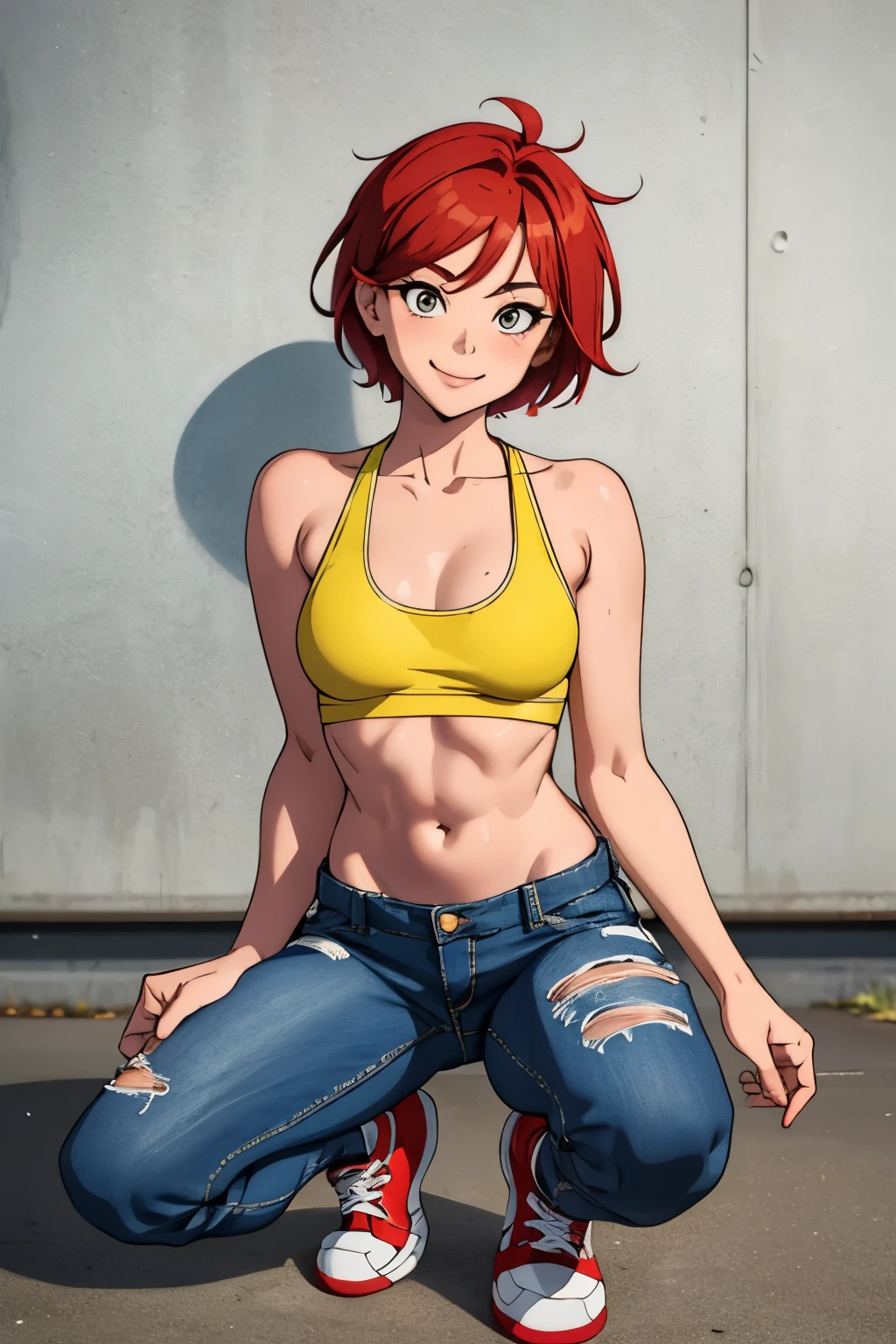 Cute girl, ripped bikini jeans, short yellow shirt that does not cover the stomach, belly showing, red sneakers, short hair, beautiful body,, bikini, lifted by the buttocks, sexy body, sexy face reddish, Shy face, excited smile, watering eyes, Ripped jeans, similar to women's underwear, Jeans like a bikini, blacked, brazzers, pornhup, sexy, xxnx, xnxx