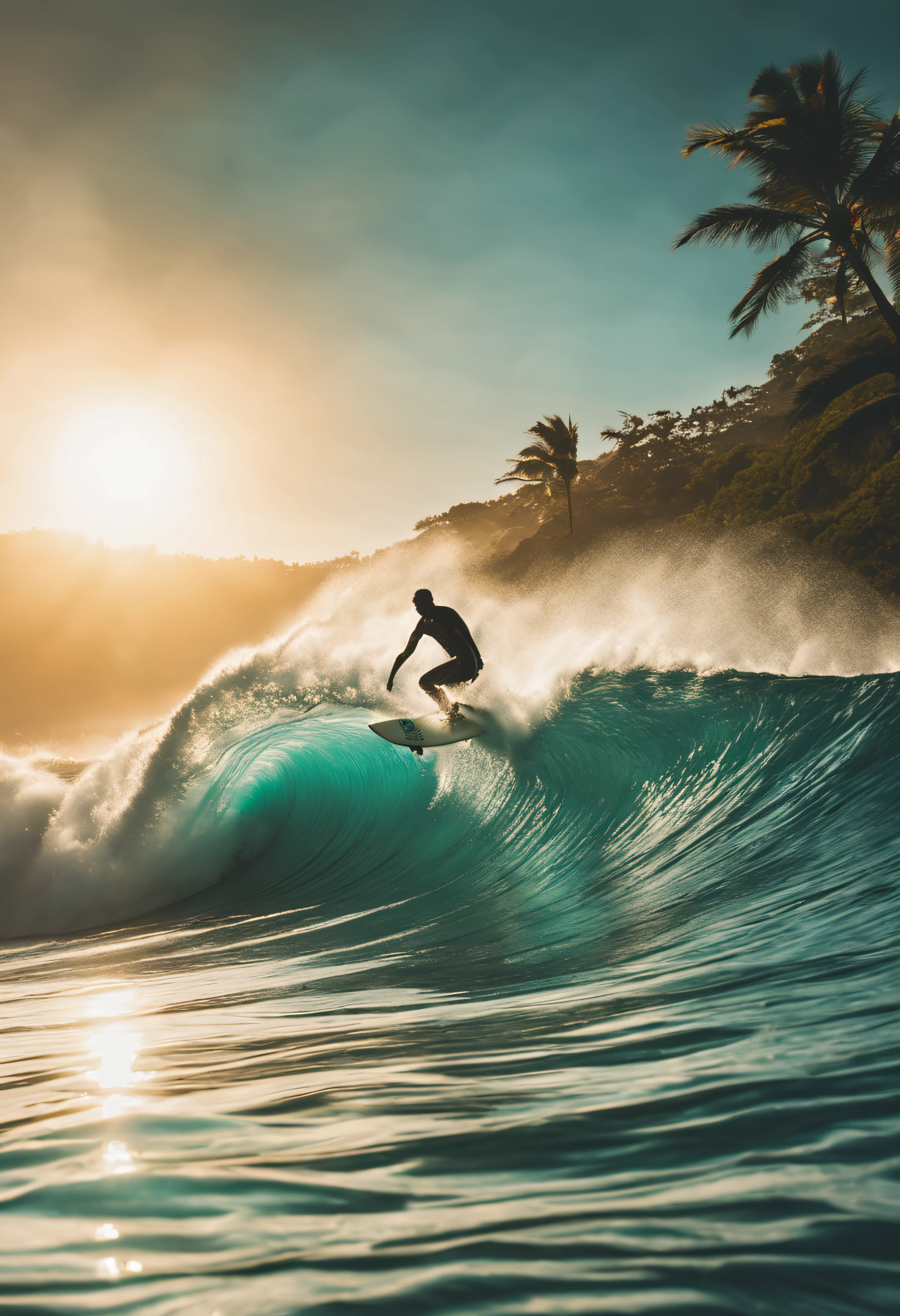 A hawaiian scene with a surfer riding a turquoise wave in cinematic lighting, sun through the water