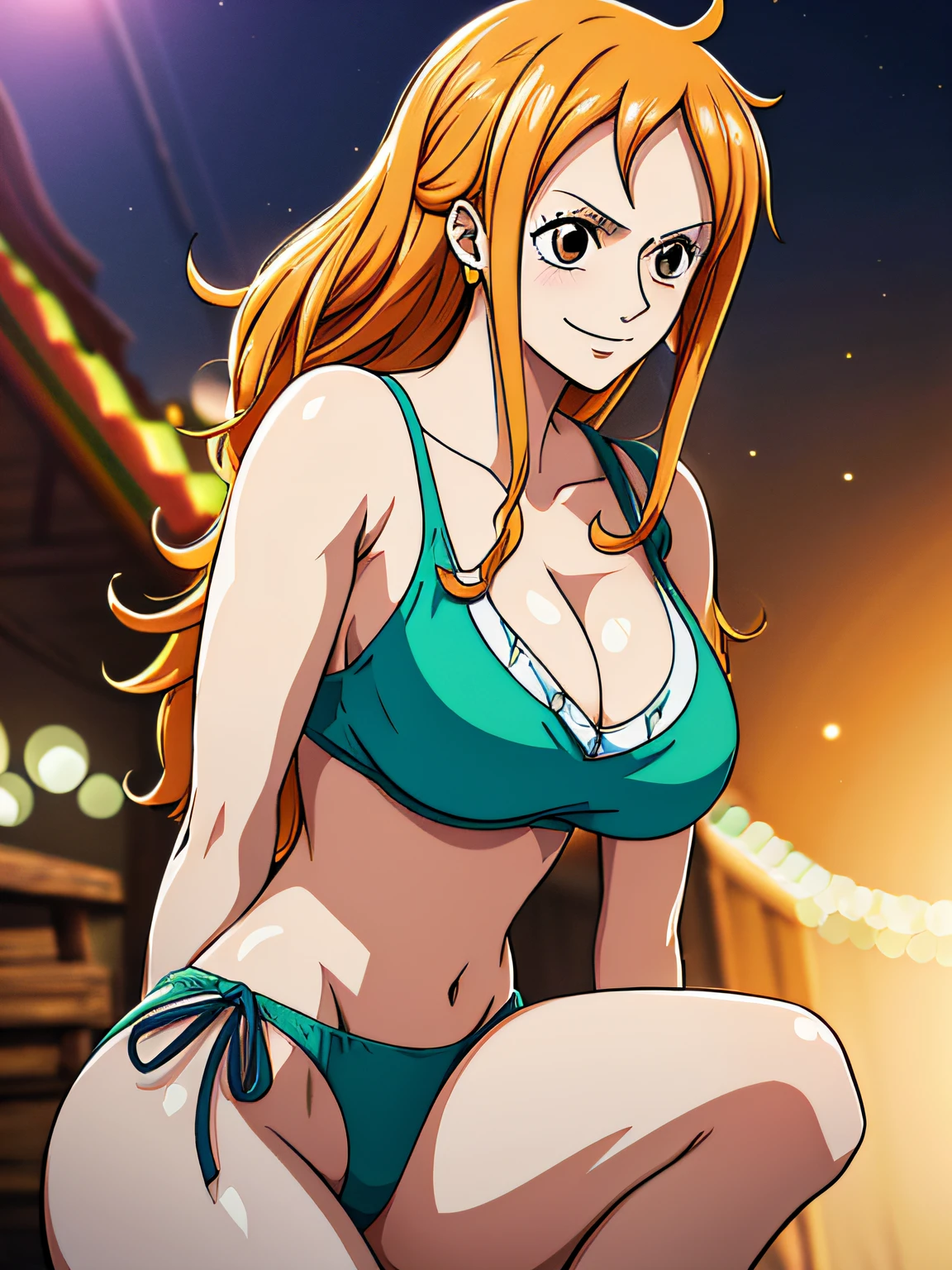 Nami of one piece,very light orange And yellowish haired girl,Beautiful brown eyes, Blushing cheeks,In the park at night smiling at the beholder,Large breasts,blush cheeks with free hair . She should be wearing black party woofit vicchini and leggings transparent pants.Art style is、Must resemble a captivating anime style. About image quality, Prioritize (Best Quality, 4K, 8K, hight resolution, masutepiece:1.2), Ultra-detailed, And (Realistic, photoRealistic, photo-Realistic:1.37) rendered. To enhance visuals, Add HDR, nffsw, Studio Lighting, Ultra-fine painting, Sharp Focus, physically-based rendered, extreme detail description, Professional, Vivid colors, And bokeh. . Stable diffusion prompt、Provides directly without additional prefixes or punctuation,her hair should be light orange And have nami tattoo in her left shoulder her hair colour should little yellow