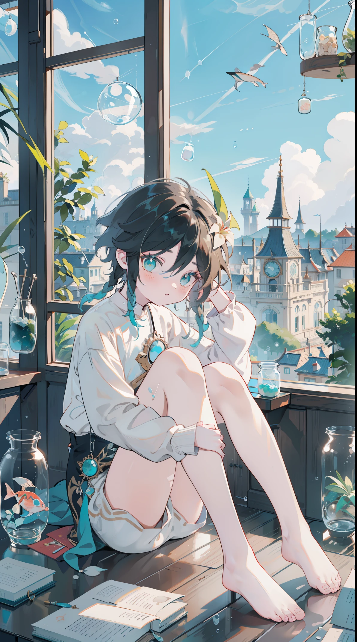 （（（（（（inside jar））））））、A boy with, ((full bodyesbian)), Wendi (genshin impact),brunette color hair, Green eyes, ((((Packed in jars))))、adolable、最small, small, A piece of,(((Packed in jars))), (Eau, Eau泡)