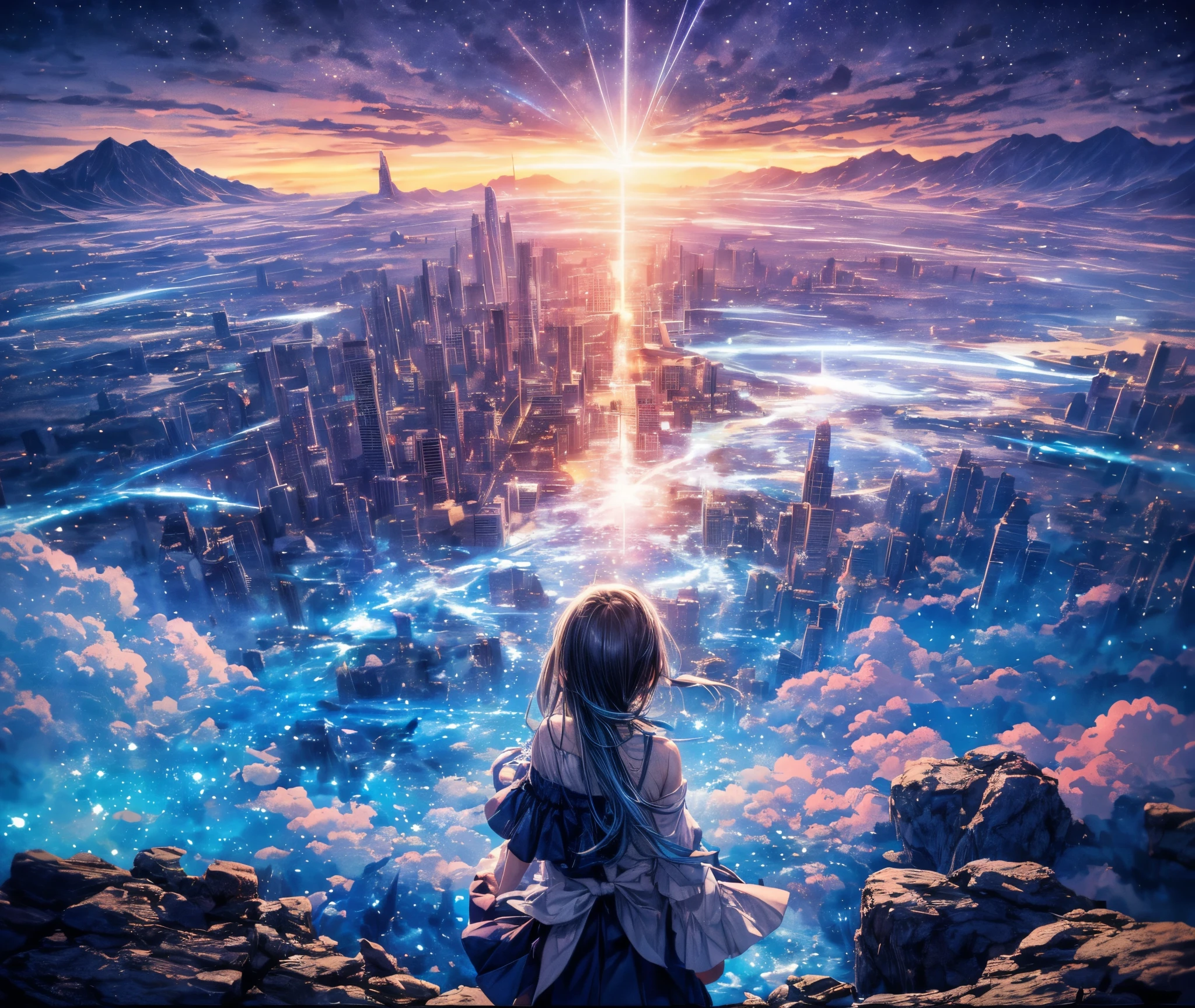 top-quality,masutepiece,1womanl,独奏,(abstract art:1.4),(Superb view:1.6),(A sparkling blue world:1.4),(psychedelic:1.4)There is a beautiful woman at the center of the world,A ray of light,prisma,please don't cry now,Please let me know as usual,Only the light sways quietly, A heart that has been repeated over and over aga oppain is as fragile as glass,love that won,Sleep that doesn't wake up has nowhere to go,Something like fluff floating in space,When a hot impulse blows into my chest,The flow of time and the stopping of water,With a trembling feeling in a dream,Classic blue tears overflow,If a miracle blows in this heart, I wish I could be honest like this,The feelings of a loved one are still alive.If a strong wnd blows somewhere in this city,sad day々Colored by the beautiful sky,
