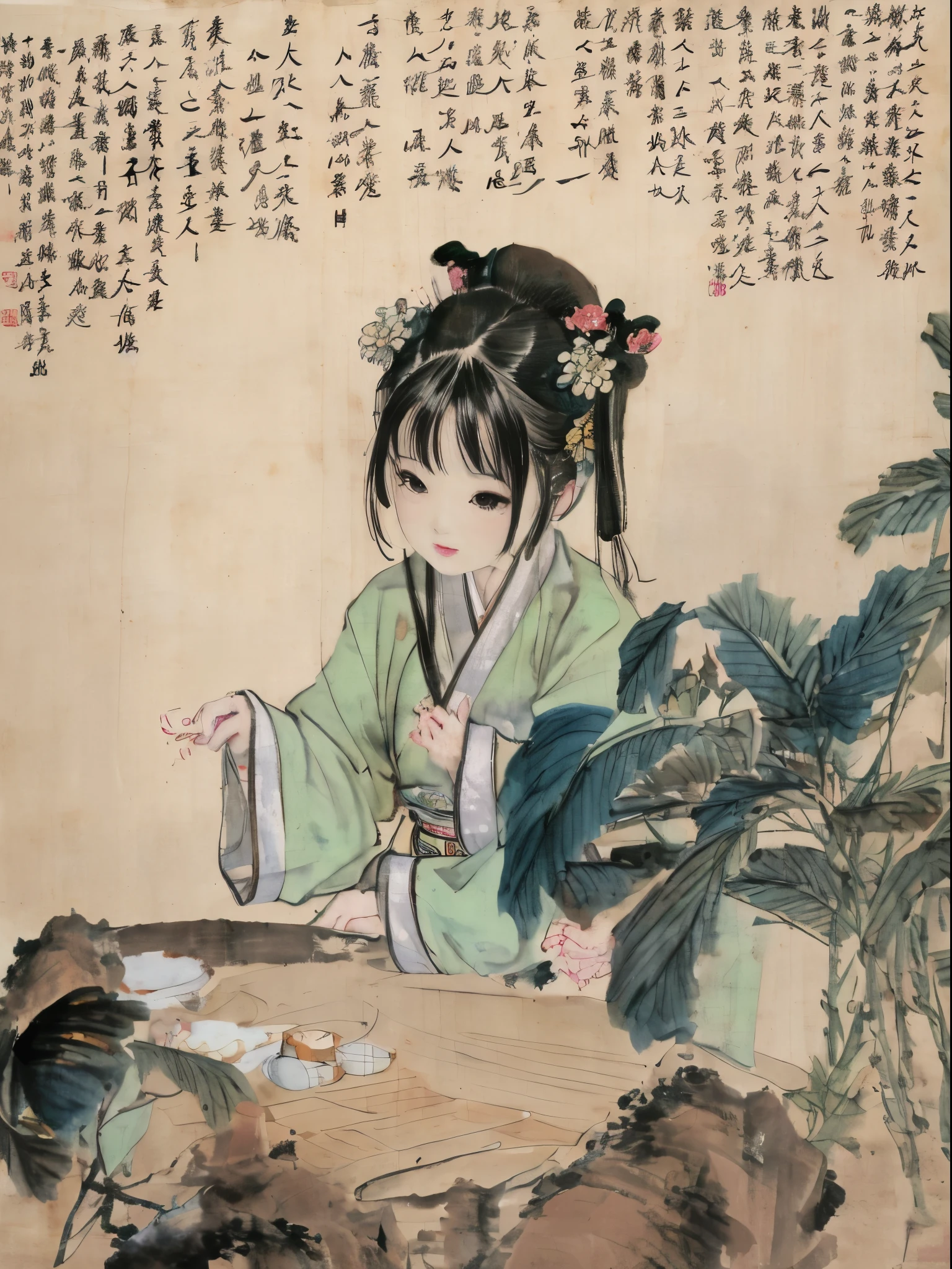 a close up of a full colour painting of people in a landscape, ancient chinese beauties, qing dynasty painting, by Wang Lü, su fu, mu pan, by Lü Ji, song dynasty, ancient china art style, chinese painting, robed figures sat around a table, by Wang Hui, by Yun Du-seo, old chines painting, traditional chinese painting