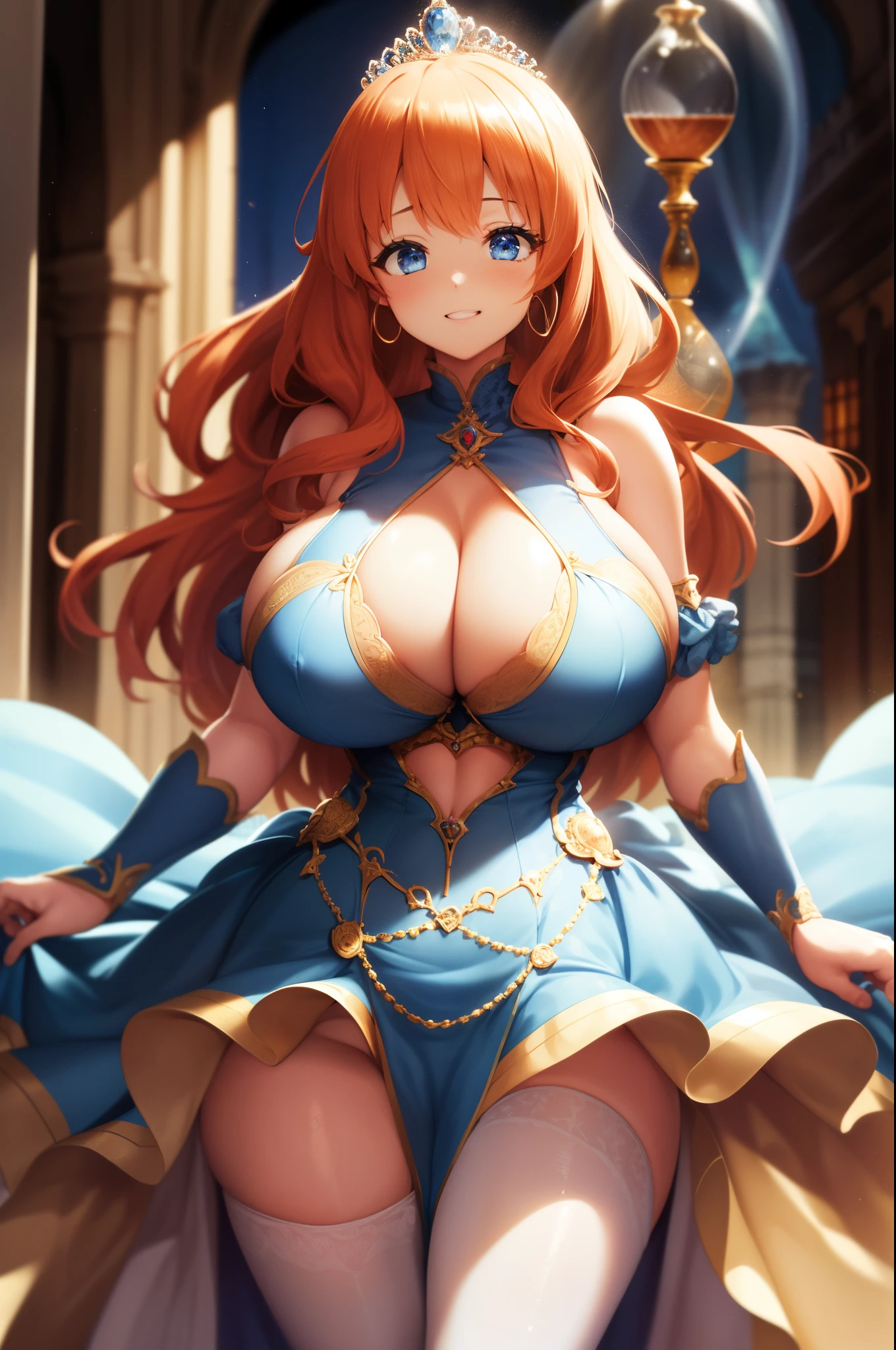 1woman, ((princess dress)), standing in medieval castle, ((blue long puffy rococo dress, full length hoop skirt, princess tiara, many ruffles, frilly)), (hair in ponytail, long wavy orange hair), (Blue eyes), sharp outline, a matural female, 30 year old, {{{Best Quality}}}, {{{masterpiece}}}, {{intricate details}}, {{ultra detailed}}, ((((hourglass figure)))), (((massive boobs))), tiny waist, six pack abs, wide hips, fit hourglass figure, super sexy pose, legs spread, (bigger boobs:1.4), orange hair, big smiling expression, blushing, flirty, ((busty breasts)), boobs overflowing out of top, cleavage, more underboob, (((focus on woman))), many detailed ruffles, puffy dress bottom, tiered dress, dynamic angle, bulky hoop skirt, ultra-detailed 4k, ((high resolution image)), big puffy dress