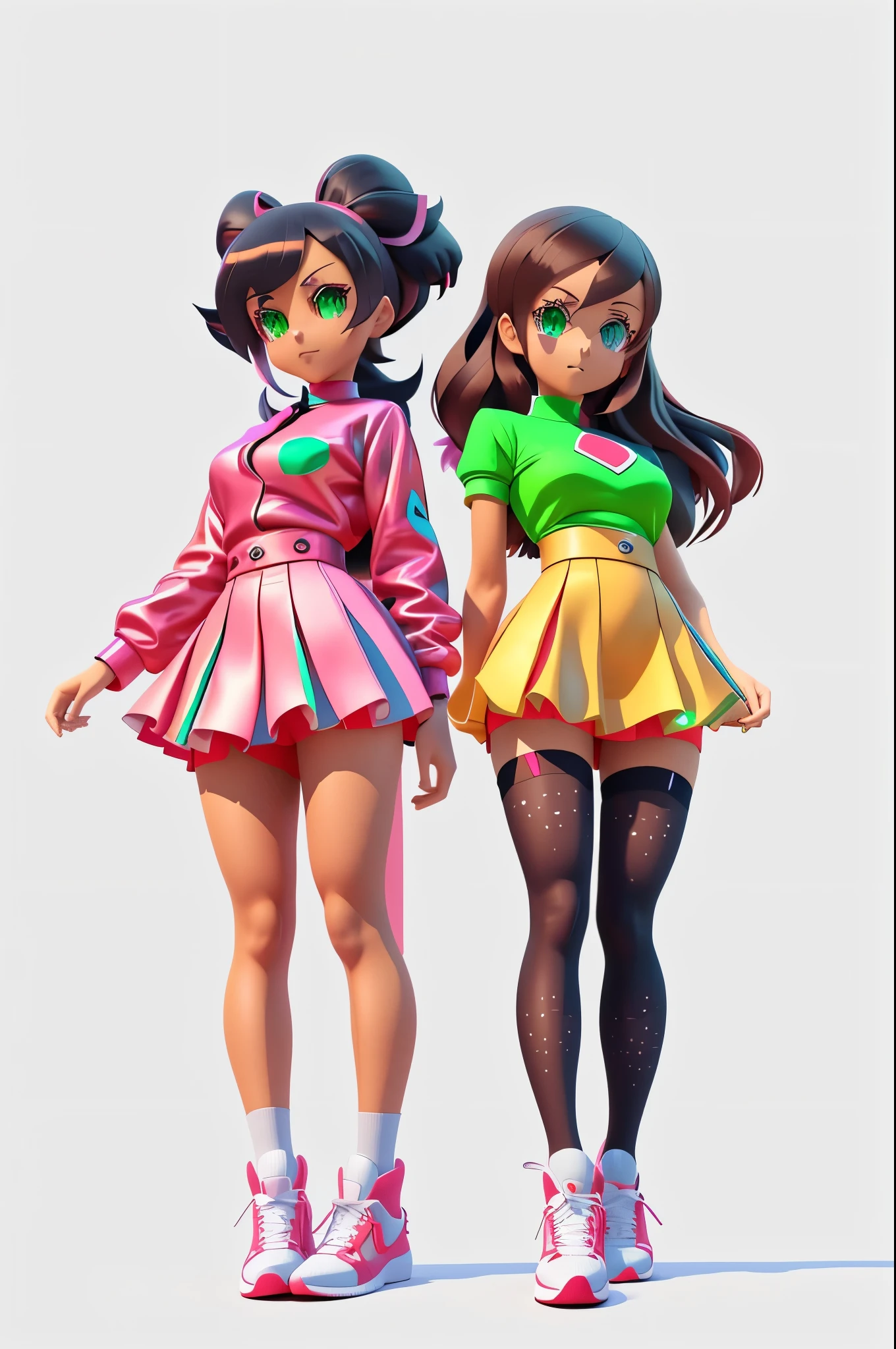 2girls in short skirts and sneakers are standing next to each other, cartoon art style, anime styled 3d, cartoon artstyle, realistic anime 3 d style, powerpuff girls style, flat anime style, stylized anime, anime style. 8k, kawaii hq render, anime girls, render of a cute 3d anime girl, cartoon style illustration