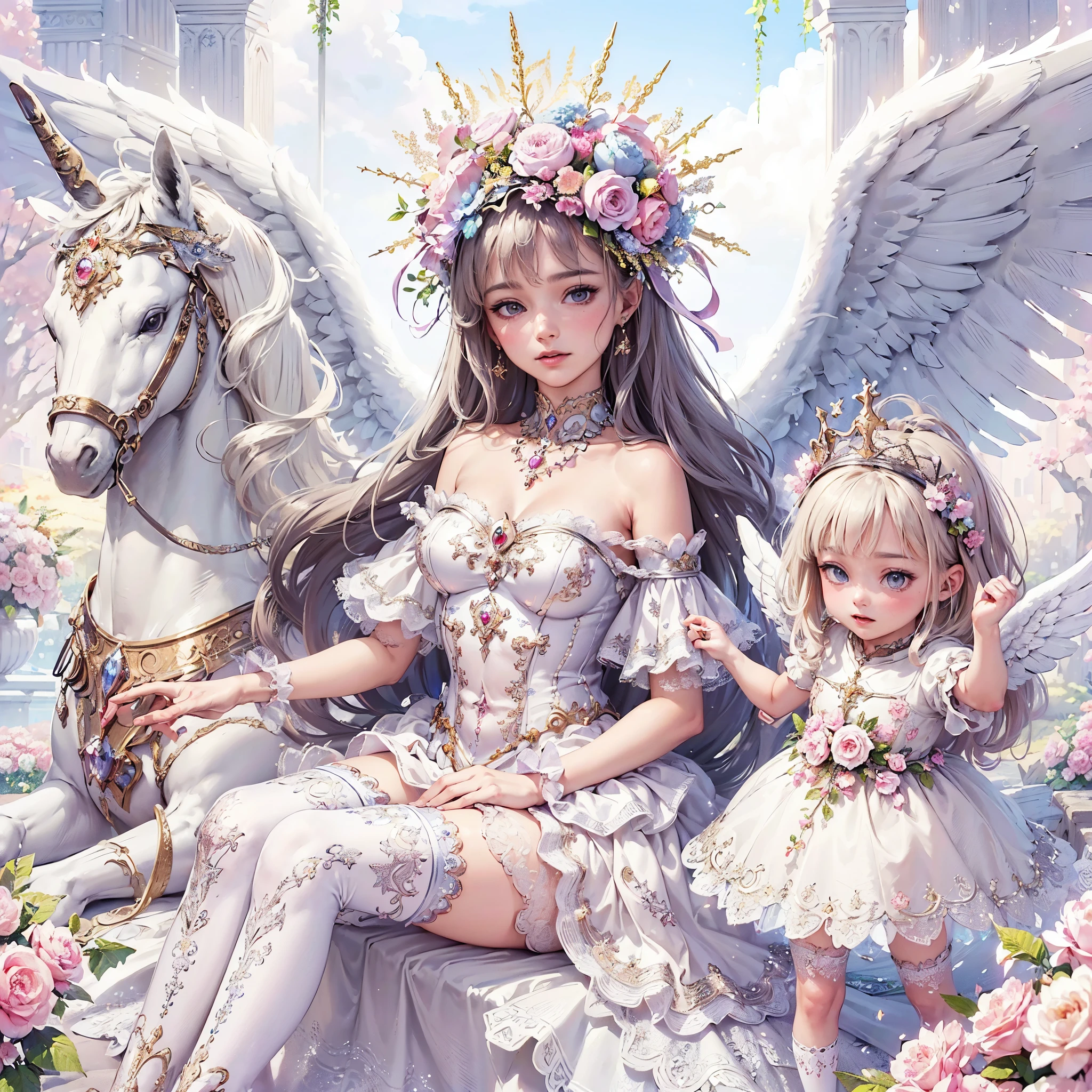 a painting of a woman in a dress surrounded by angels, ethereal fantasy, goddess of love and peace, beautiful fantasy art, celestial goddess, unicorn, a beautiful fantasy empress, ethereal fairytale, goddess. extremely high detail, ((a beautiful fantasy empresairytale artwork, very beautiful fantasy art, queen of heaven, beautiful detailed fantasy, fantasy art style, portrait of queen of dreams, masterpiece, lens glare, sharp eyes, masterpiece, best quality:1.2),,(8k,highres,RAW photo,realistic,photo-realistic:1.3),(detailed skin texture,detailed cloth texture,beautiful detailed face:1.25),professional lighting,photon mapping,beautiful soft light,radiosity,physically-based rendering,raytracing, model shoot style, model shoot style, (extremely detailed CG unity 8k wallpaper), full shot body photo of the most beautiful artwork in the world,