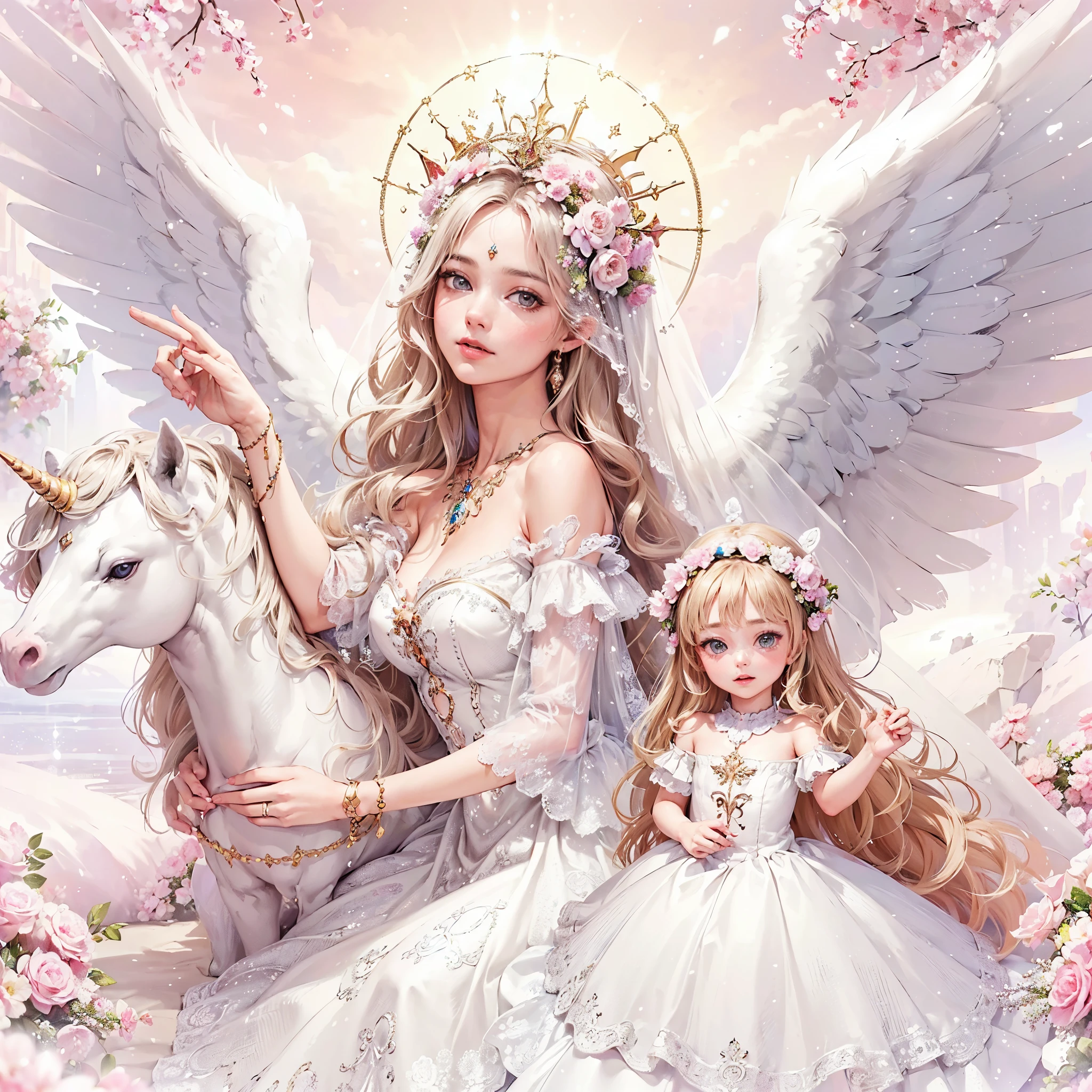 a painting of a woman in a dress surrounded by angels, ethereal fantasy, goddess of love and peace, beautiful fantasy art, celestial goddess, unicorn, a beautiful fantasy empress, ethereal fairytale, goddess. extremely high detail, ((a beautiful fantasy empresairytale artwork, very beautiful fantasy art, queen of heaven, beautiful detailed fantasy, fantasy art style, portrait of queen of dreams, masterpiece, lens glare, sharp eyes, masterpiece, best quality:1.2),,(8k,highres,RAW photo,realistic,photo-realistic:1.3),(detailed skin texture,detailed cloth texture,beautiful detailed face:1.25),professional lighting,photon mapping,beautiful soft light,radiosity,physically-based rendering,raytracing, model shoot style, model shoot style, (extremely detailed CG unity 8k wallpaper), full shot body photo of the most beautiful artwork in the world,