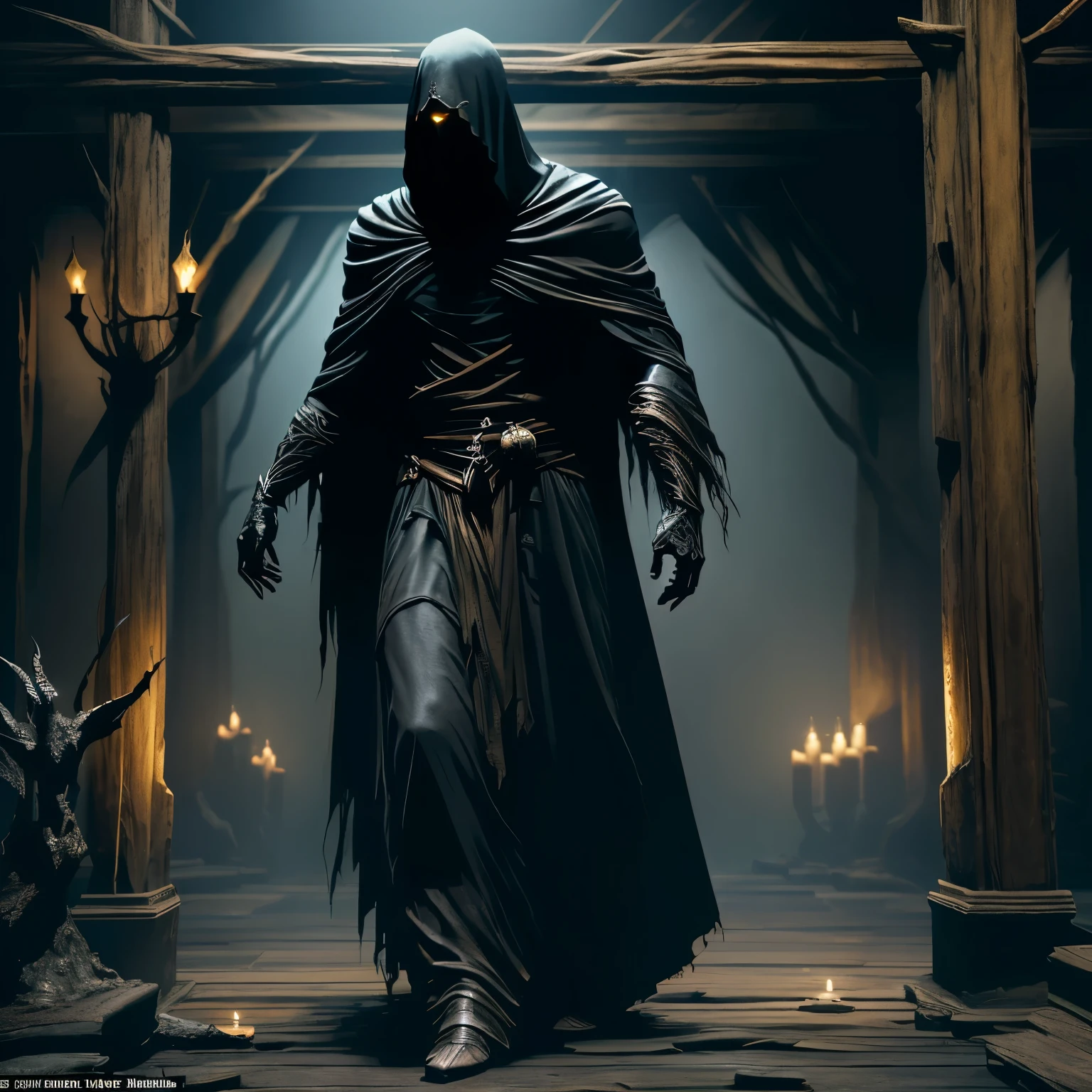 "A 3D rendering of Vorunar, a mysterious 7.5-foot figure with an ethereal presence. Long limbs. Muscular. Draped in dark, tattered robes, his commanding build defies ordinary nimbleness. Hooded and masked, only bright, glowing yellowish irises intermittently visible. An unsettling, enigmatic air intensifies, leaving an enduring impression on those who discern his haunting elegance in the shadows."