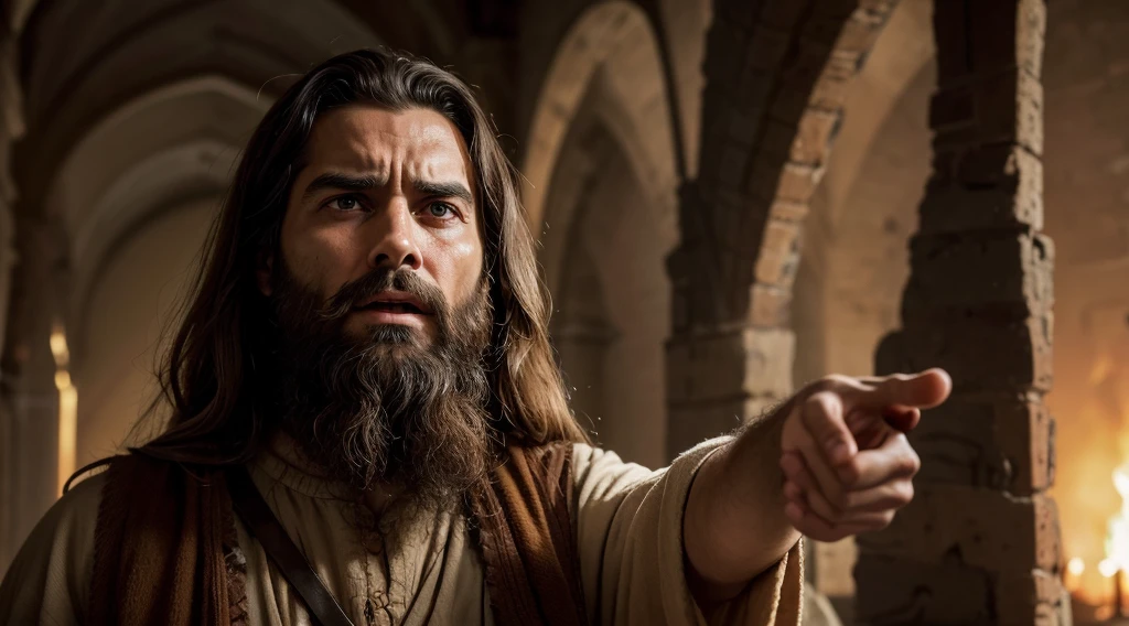 a man with a beard and face, jesus christ sad and pointing at the wars in the world, he is shouting, jesus of nazareth, the lord and savior